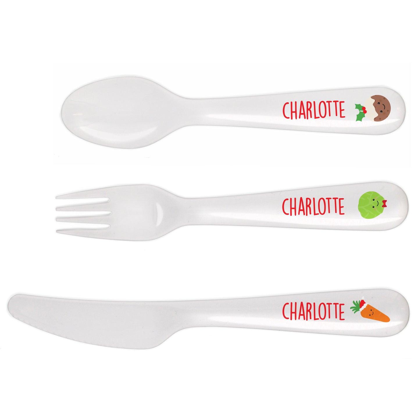 Personalised Set of white cutlery with 'Charlotte' branding on a white background