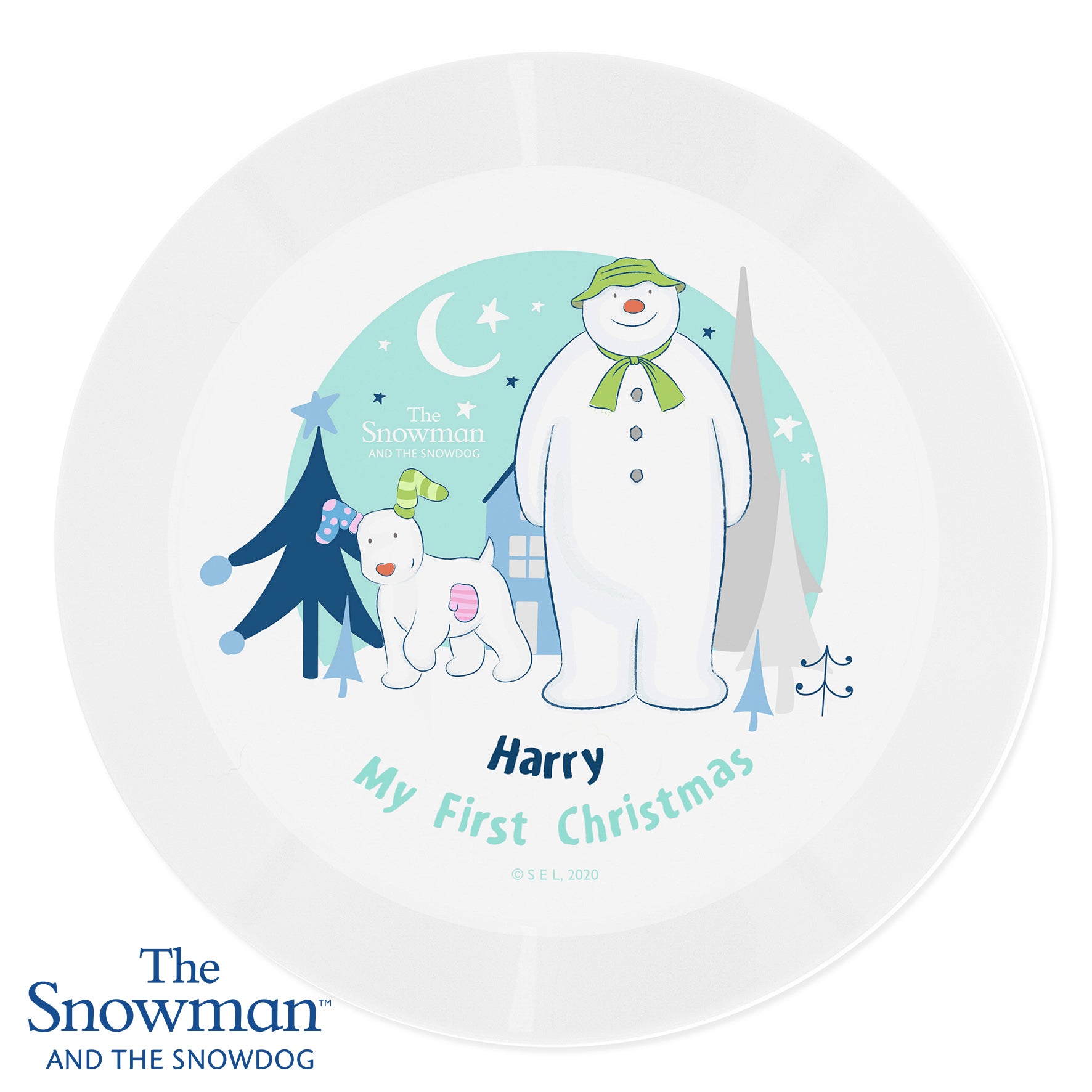 My First Christmas' plate featuring The Snowman and the Snowdog characters, with child's name and festive winter scene