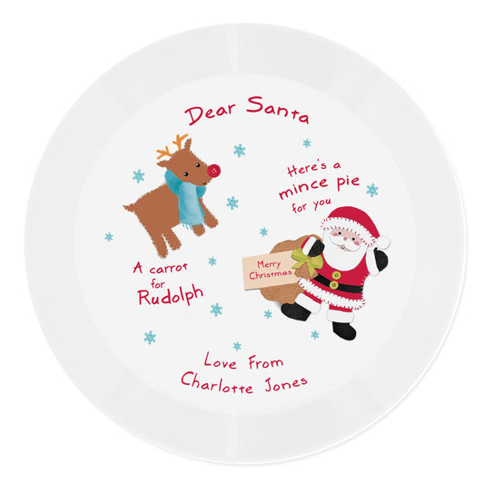 Personalised Christmas Eve plate for Santa and Rudolph featuring cartoon Santa with mince pie and Rudolph with a carrot, customised with ‘Love From Charlotte Jones’
