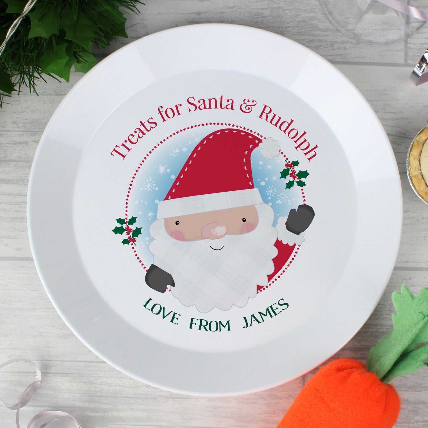 Personalised Christmas plate for Santa and Rudolph with cute Santa illustration, text 'Treats for Santa & Rudolph' and 'Love from James' – festive design ideal for kids’ Christmas Eve traditions
