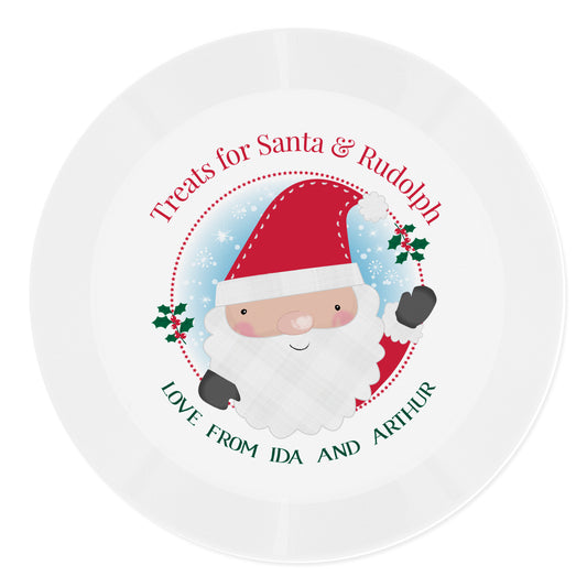 Personalised Santa plate for kids with cartoon Santa Claus and snowflake design – 'Treats for Santa & Rudolph' and 'Love from Ida and Arthur' printed on white ceramic plate