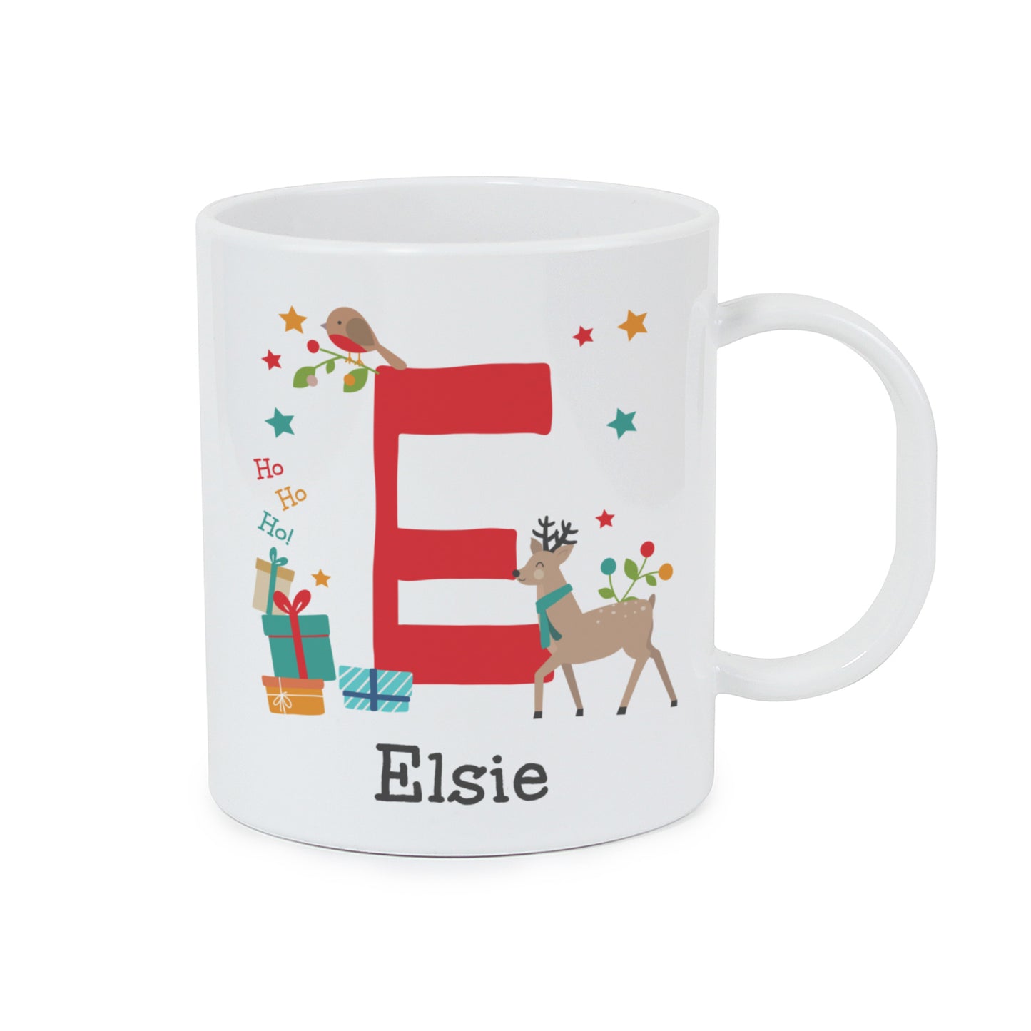 White mug with Christmas-themed design and 'Elsie' text on a white background