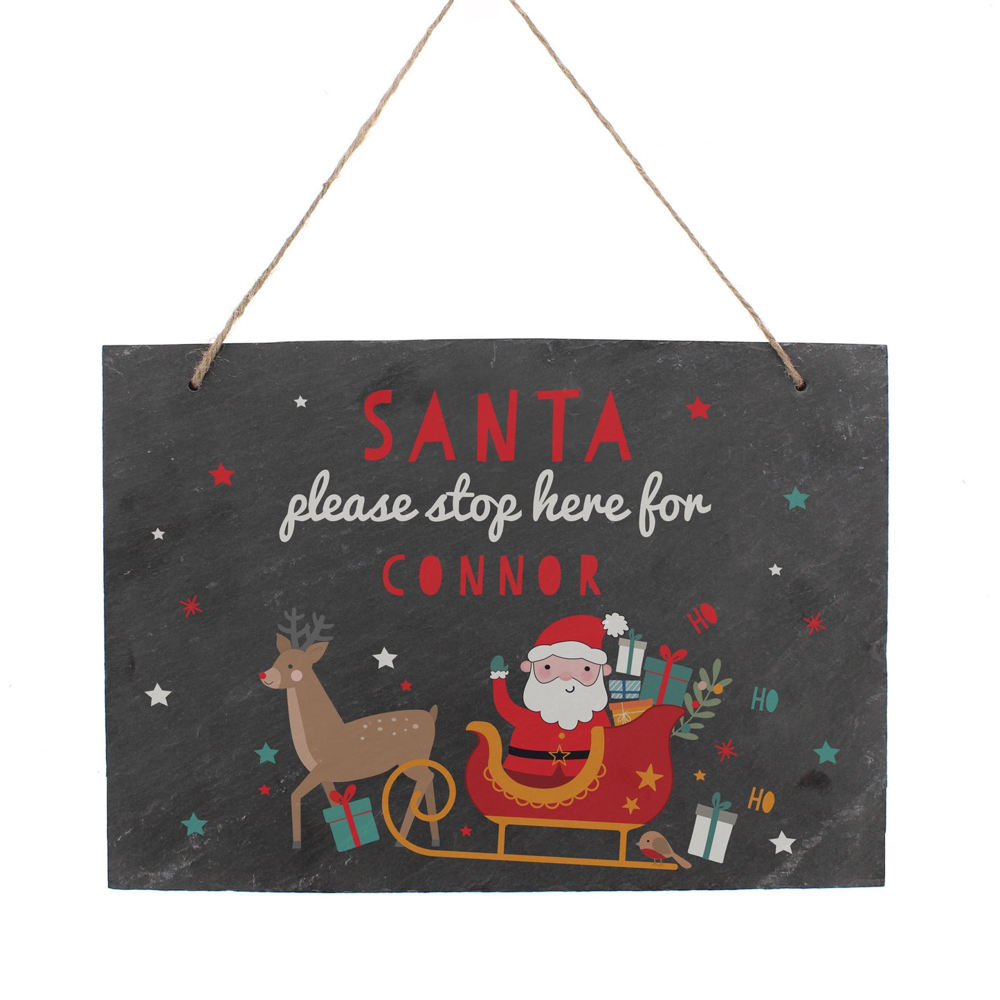 Decorative sign with Santa Claus, reindeer, and text 'Santa please stop here for Connor' on a black background.