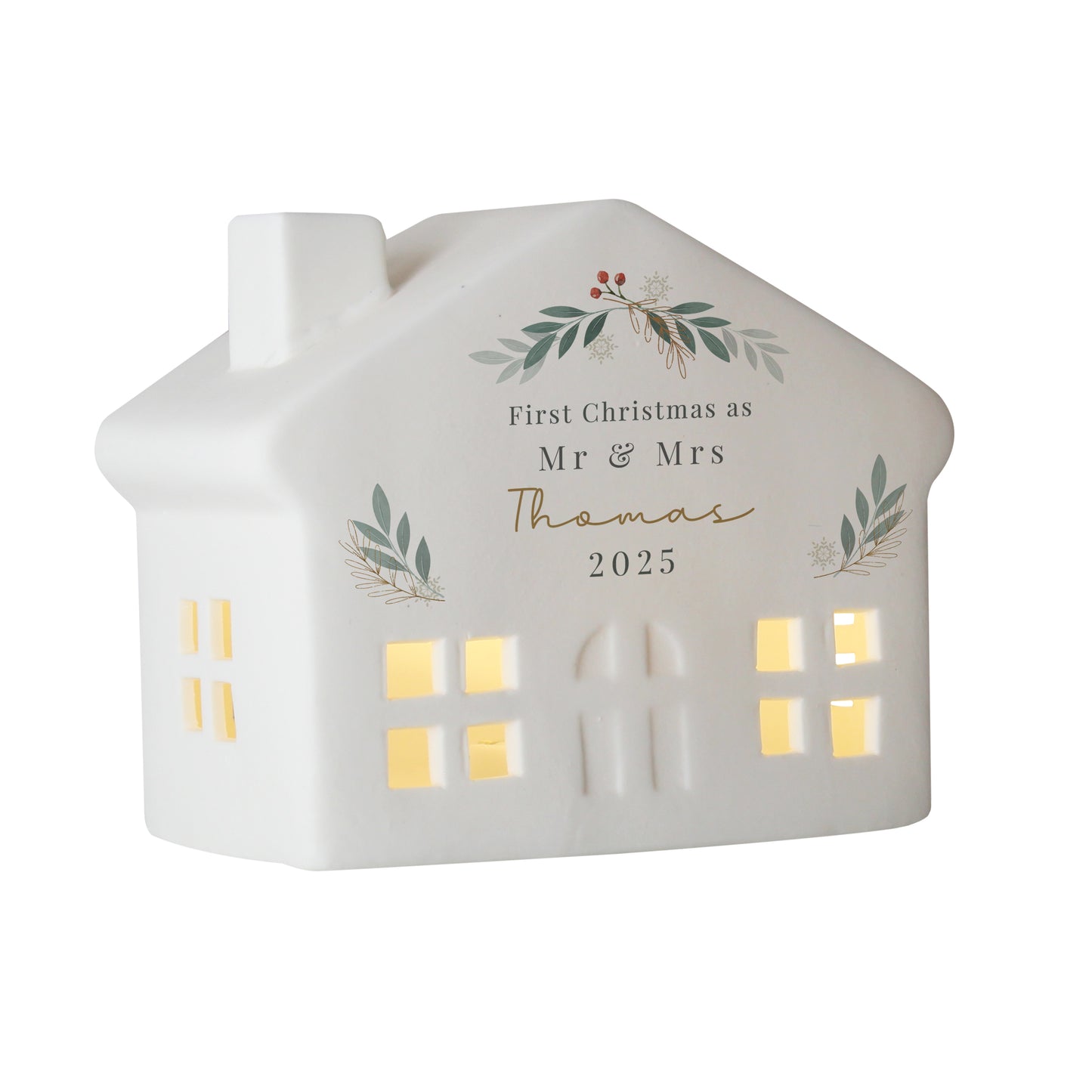 White house-shaped lantern with 'First Christmas as Mr & Mrs Thomas 2025' text on a white background