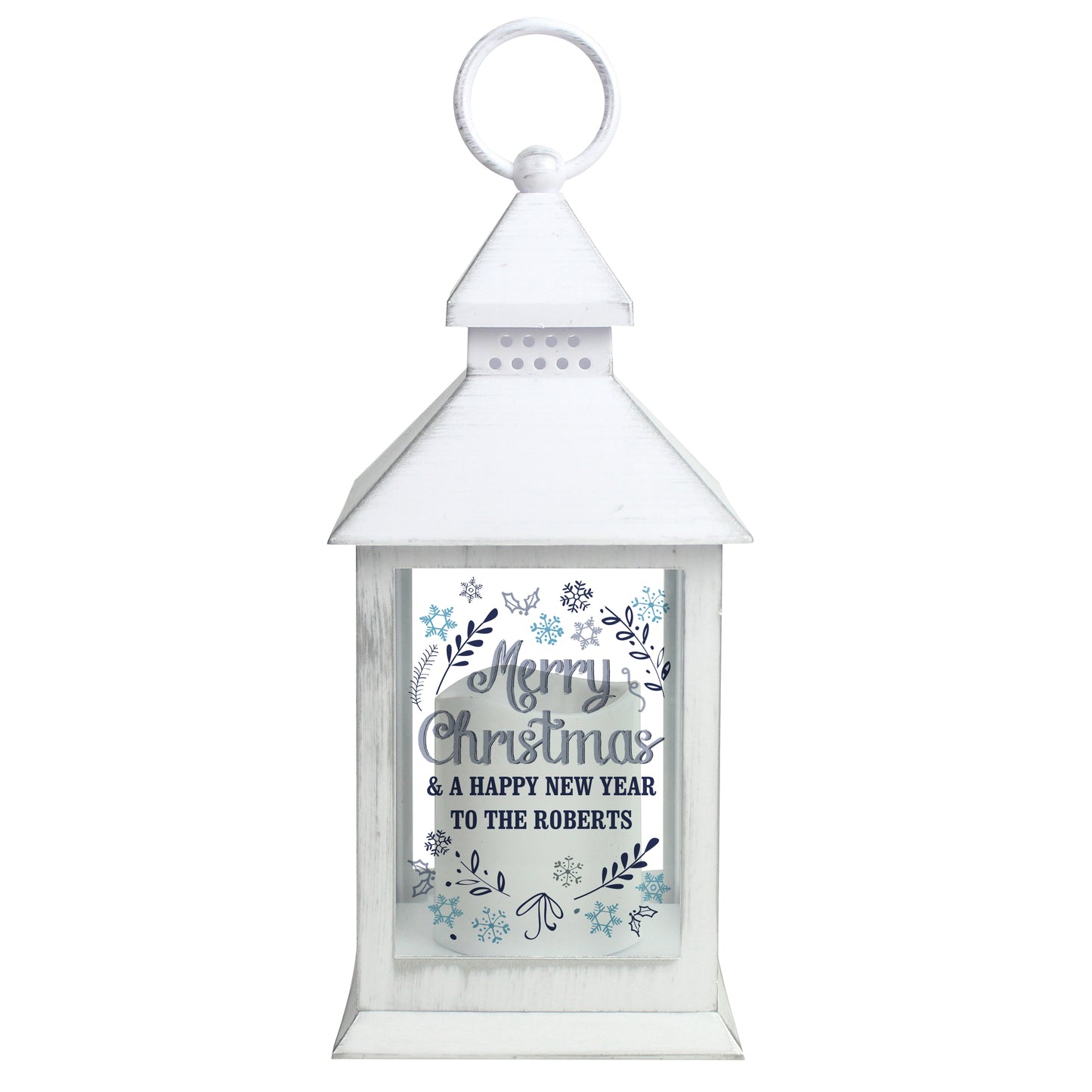 White lantern with 'Merry Christmas & A Happy New Year' text on a white background