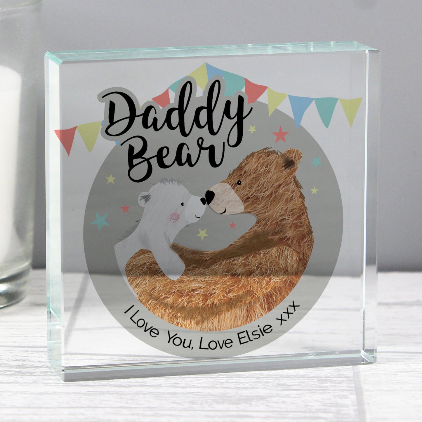 Glass block with 'Daddy Bear' design featuring two bears and text on a light grey background.