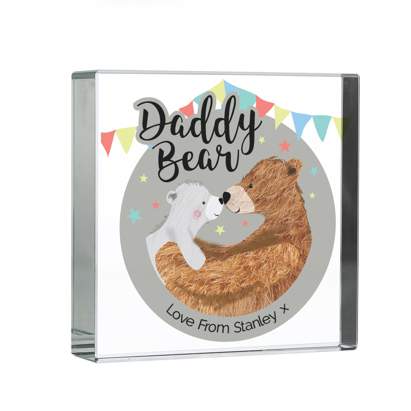 Decorative plaque with illustration of a bear and a cub, text 'Daddy Bear' and 'Love From Stanley', on a white background.