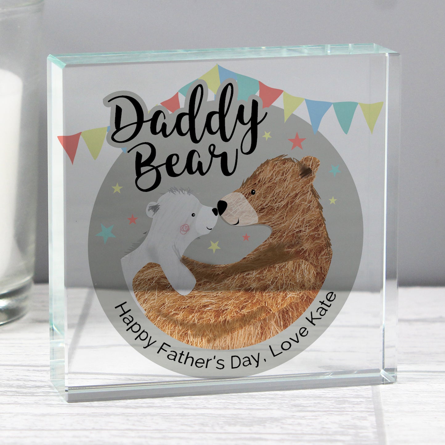 Glass block with 'Daddy Bear' design and text, featuring a bear and cub illustration.
