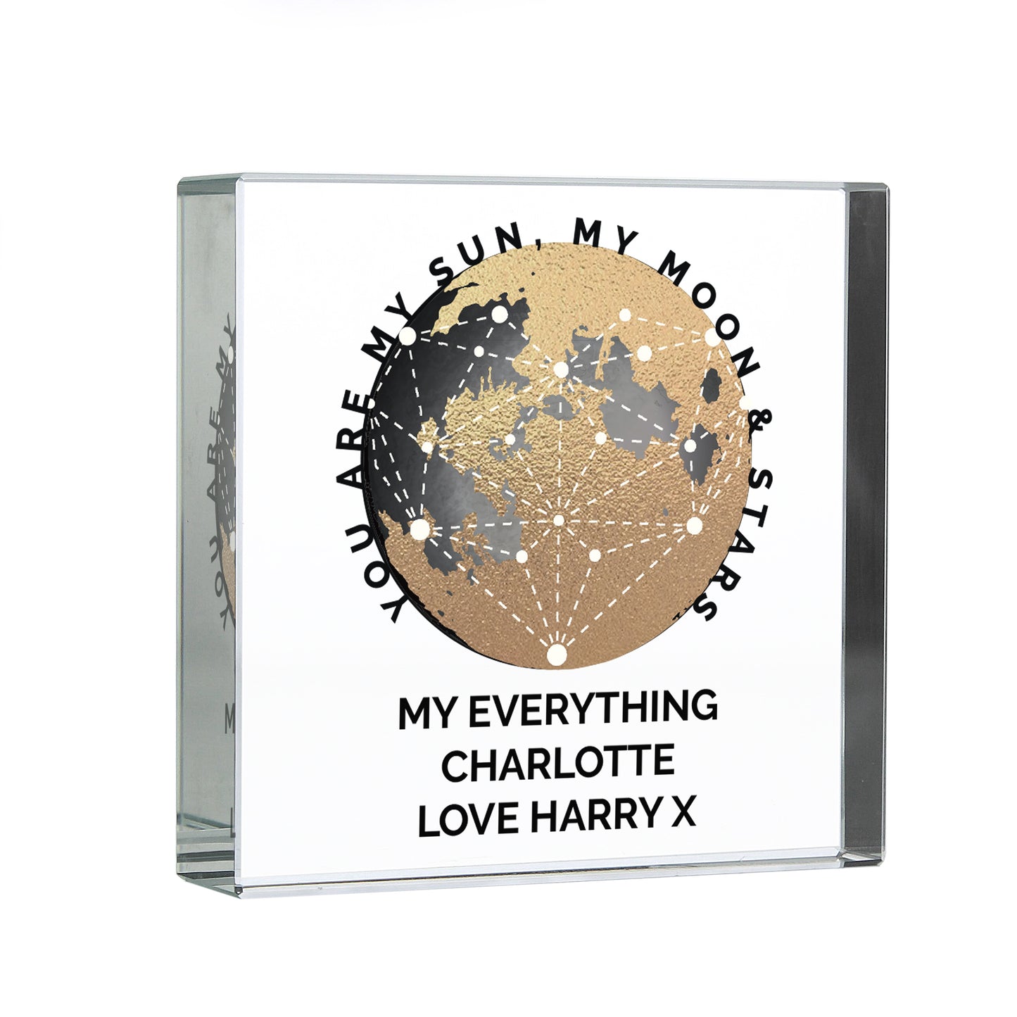 Glass block with celestial design and personalised text on a white background