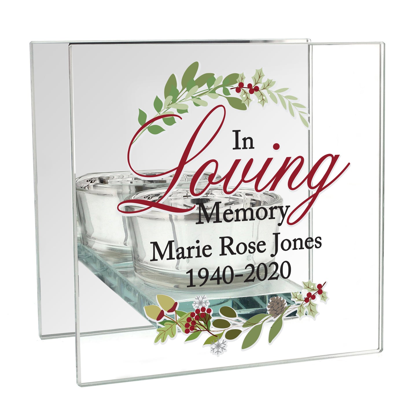 Memorial card with 'In Loving Memory' text and floral design on a white background