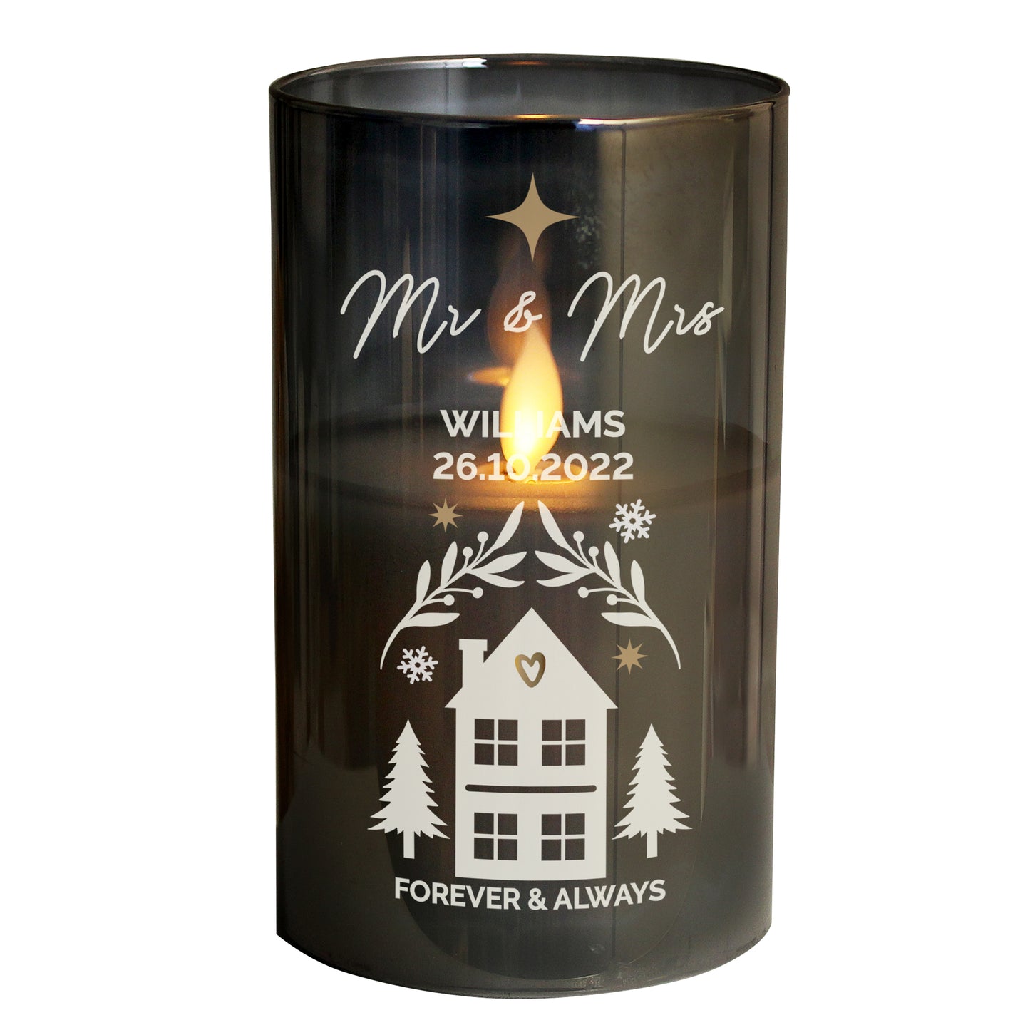 Cylindrical black candle holder with 'Mr & Mrs' and house design, featuring personalised text.