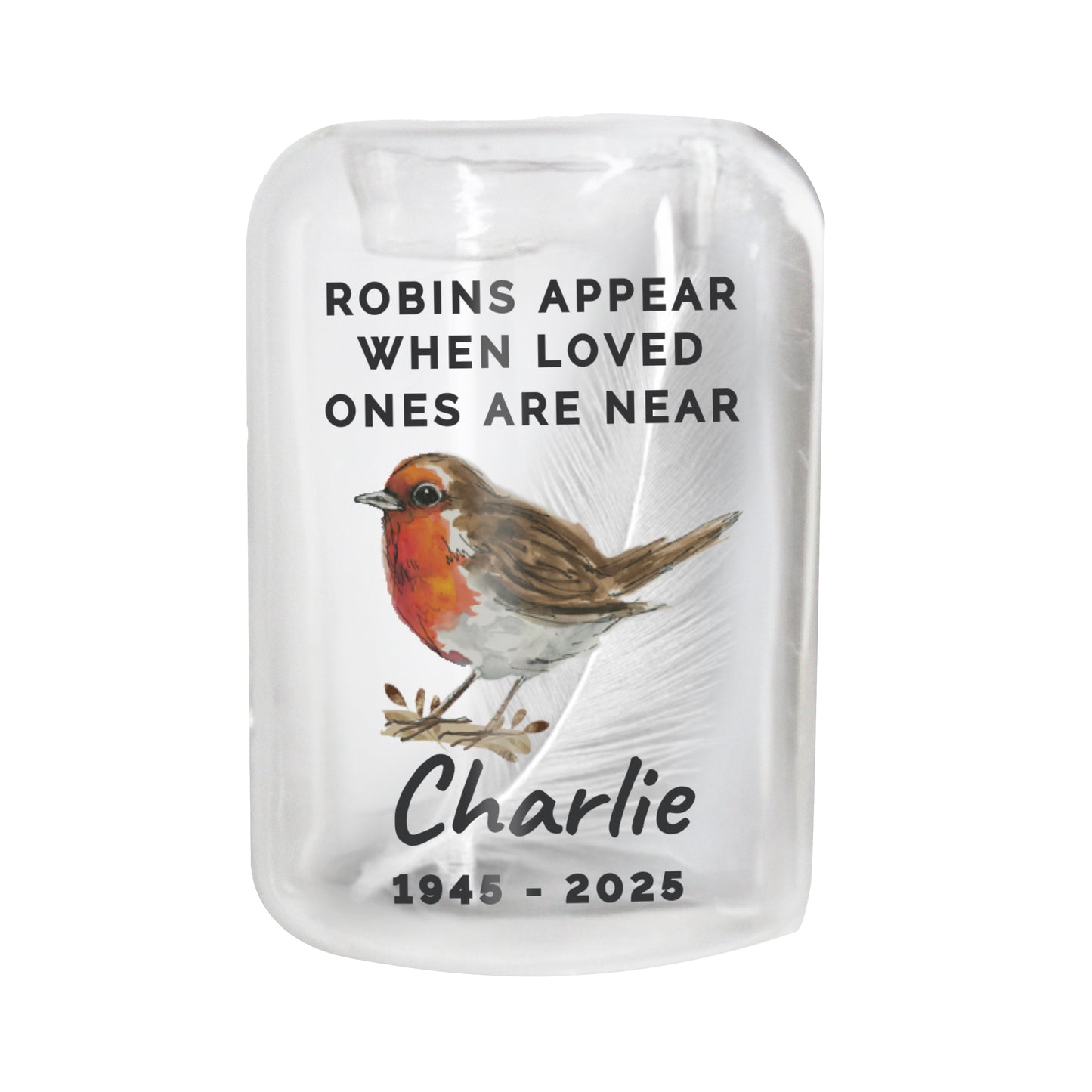 Memorial ornament with a robin illustration and text on a white background