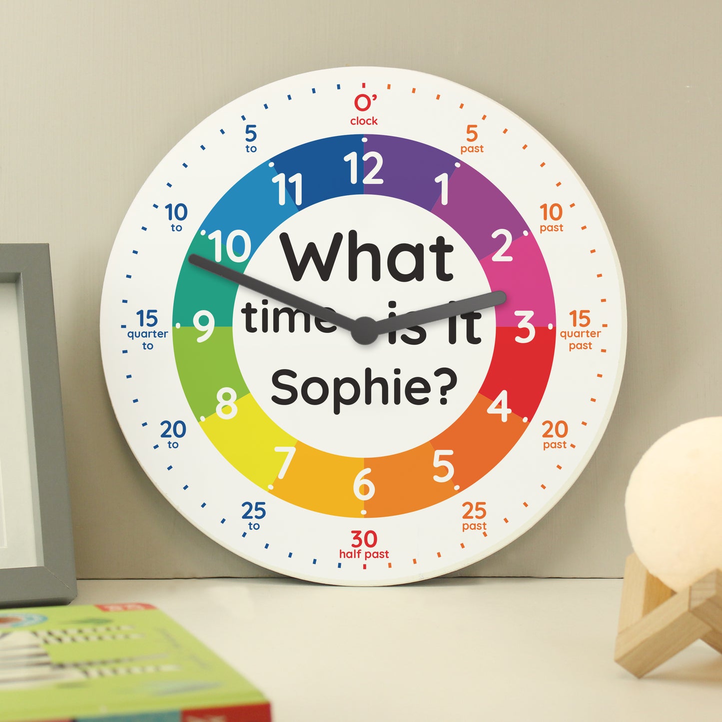 Colourful clock with text 'What time is it Sophie?' on a wall.