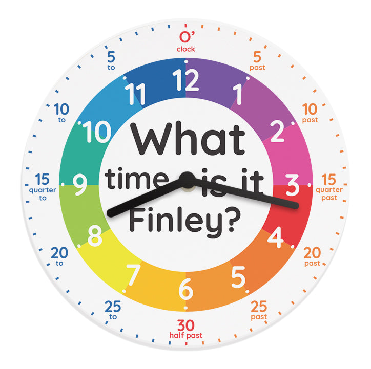 Personalised Colourful clock with text 'What time is it Finley?' on a white background