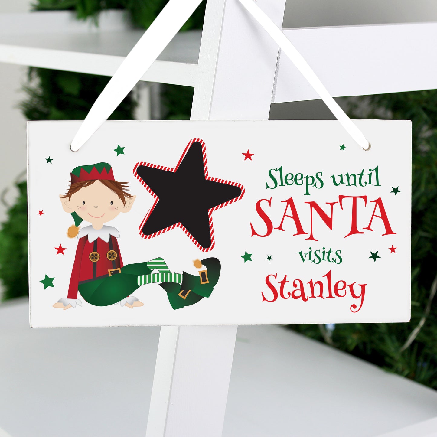 Christmas countdown sign with elf illustration and customisable name on a white background.