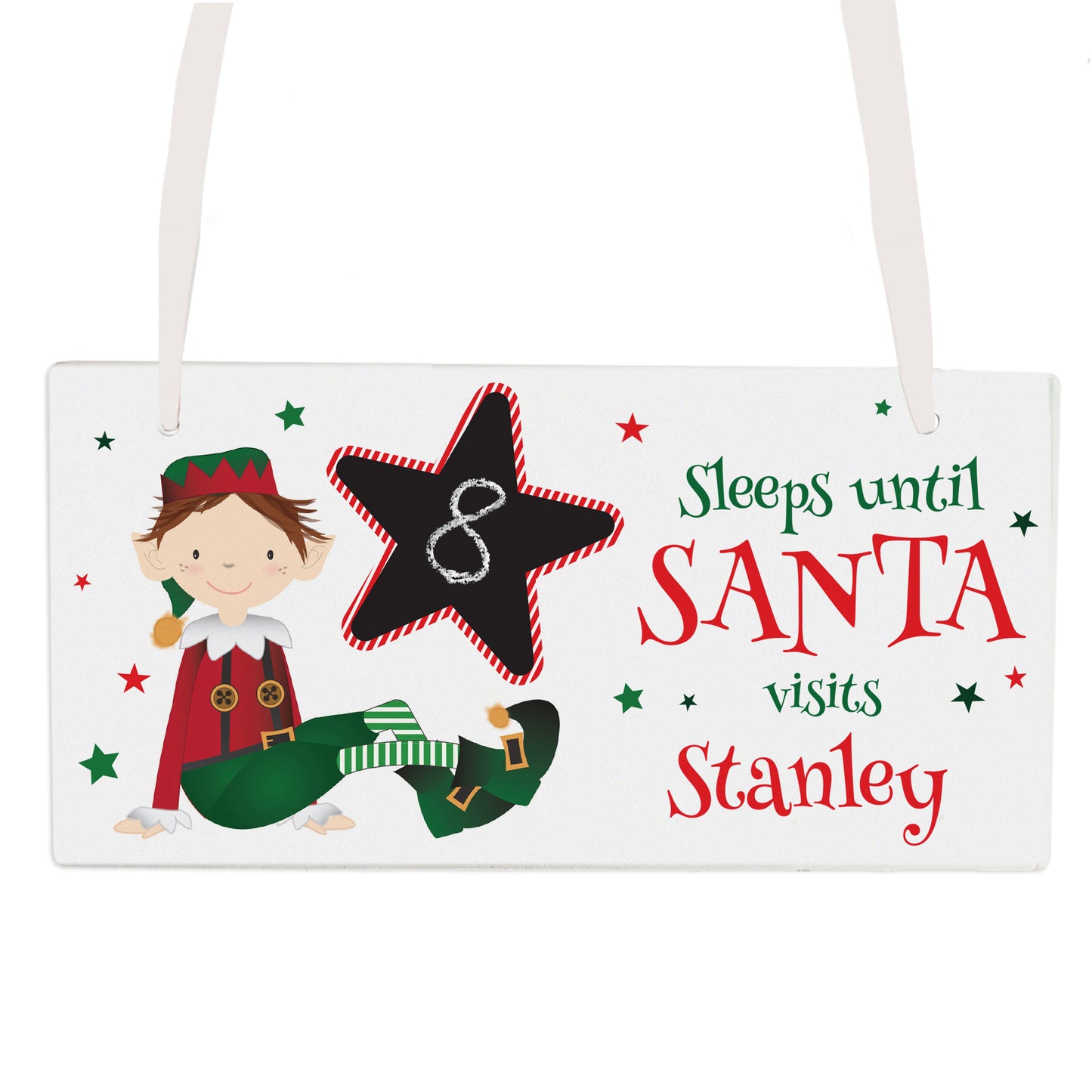 Christmas countdown sign with elf design and customisable name on a white background