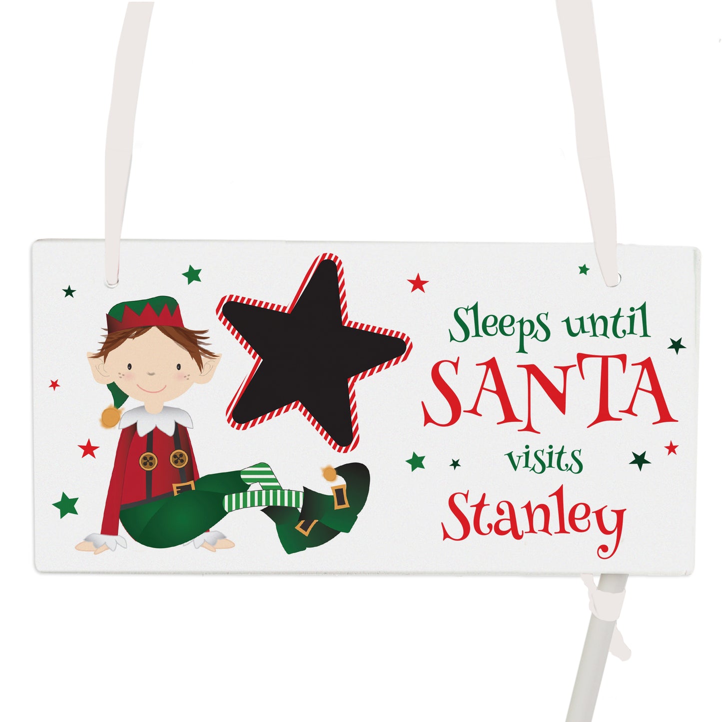Christmas countdown sign with elf design and customisable name on a white background