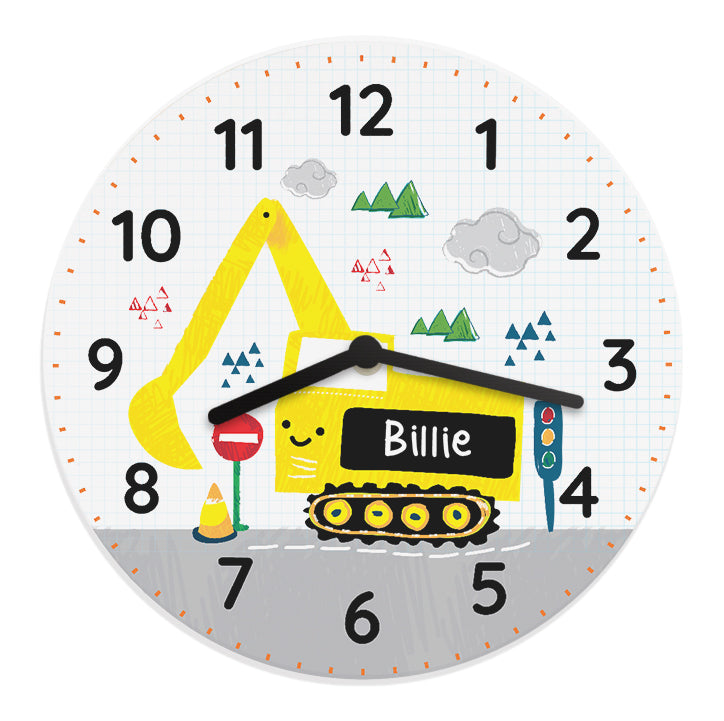Children's clock with a cartoon excavator and personalised name 'Billie' on a white background