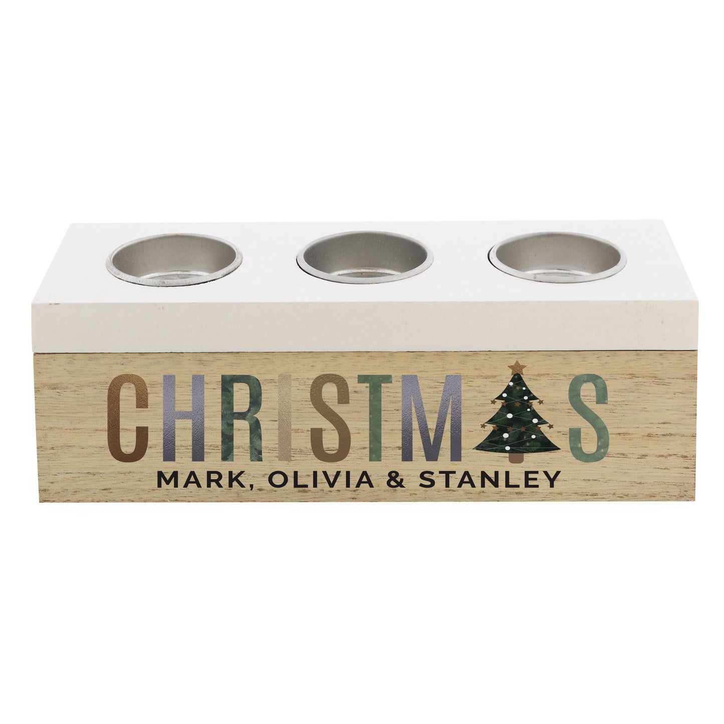 Decorative Christmas candle holder with names on a white background