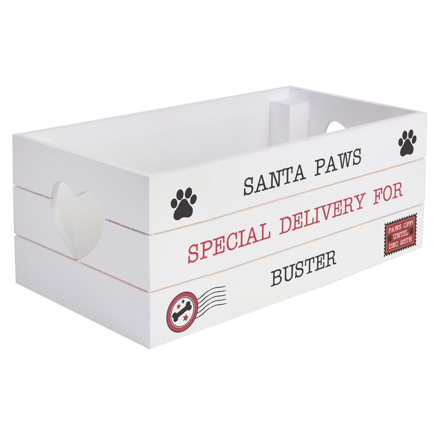 White wooden crate with 'Santa Paws' and 'Special Delivery for Buster' text on a white background