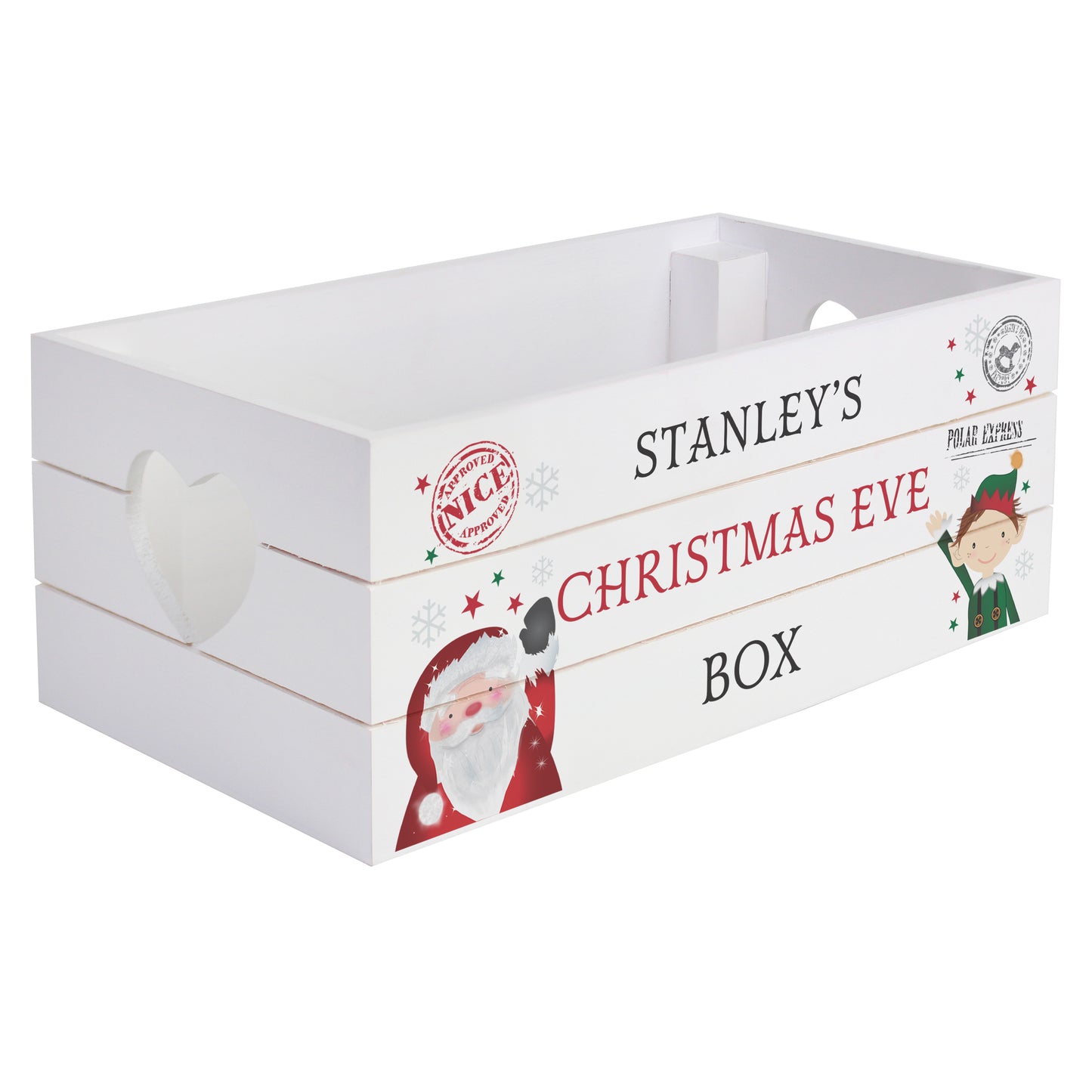 White Christmas Eve box with festive design and text on a white background