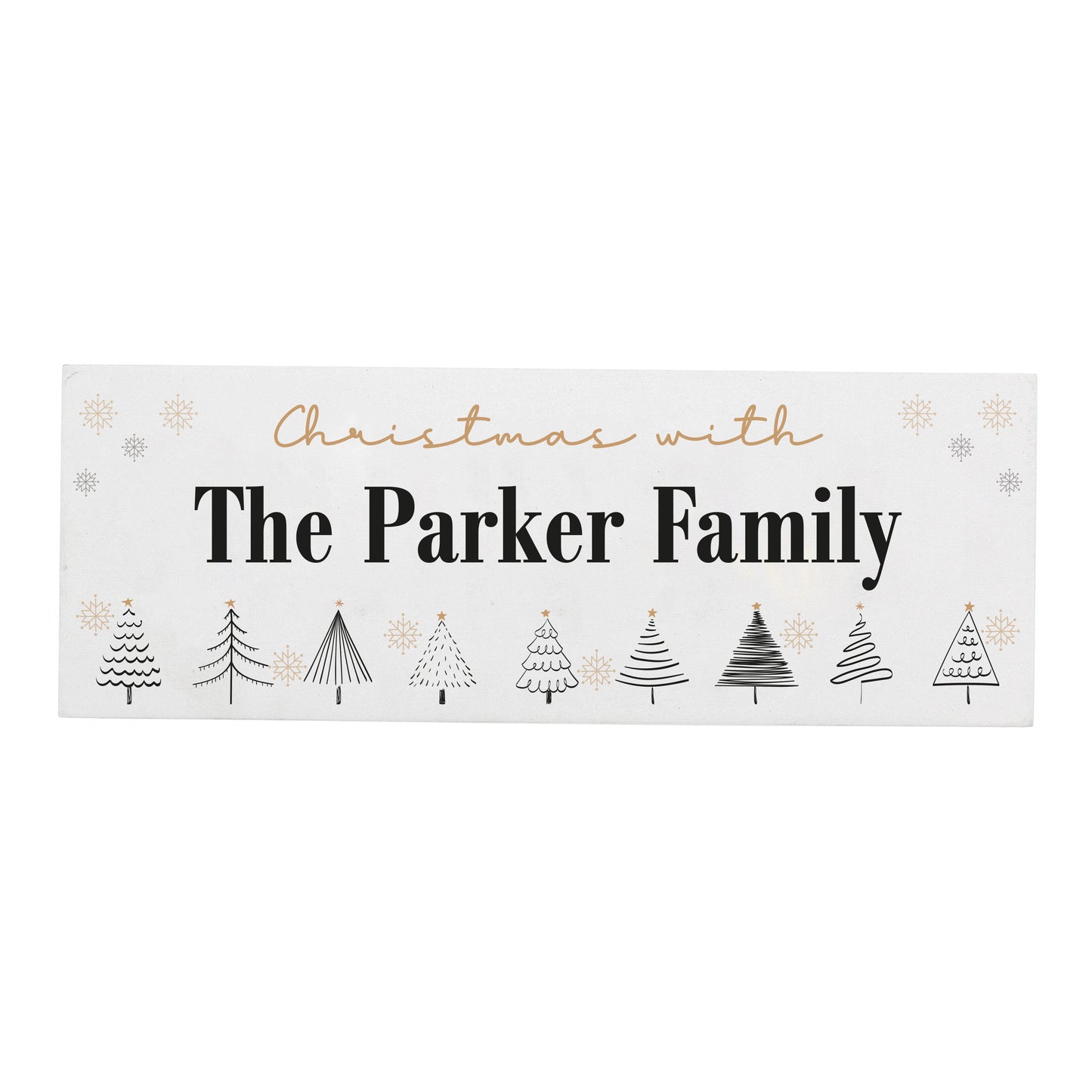 Decorative sign with 'Christmas with The Parker Family' text and Christmas tree illustrations on a white background.