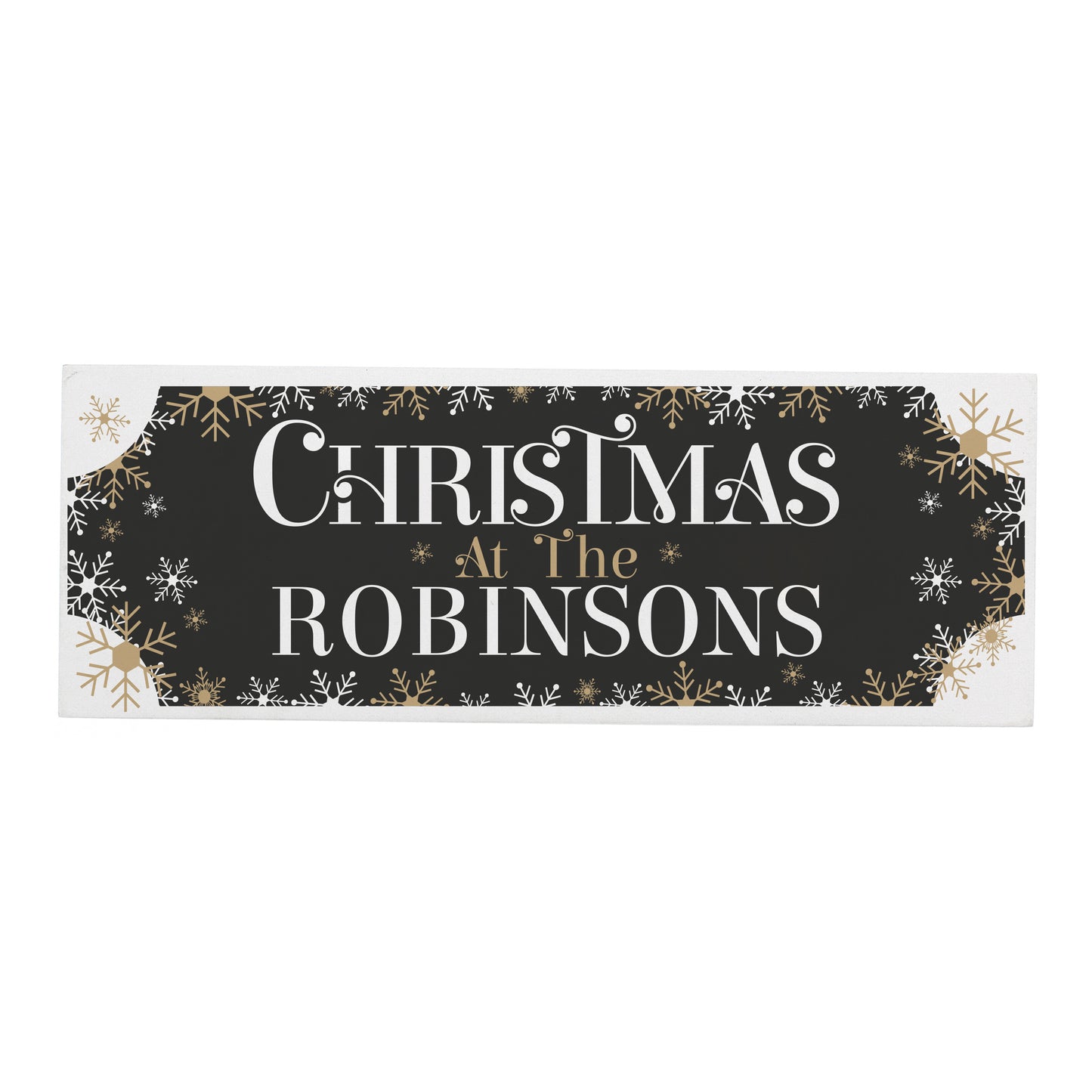 Decorative sign with 'Christmas at the Robinsons' text on a black background with gold snowflakes.