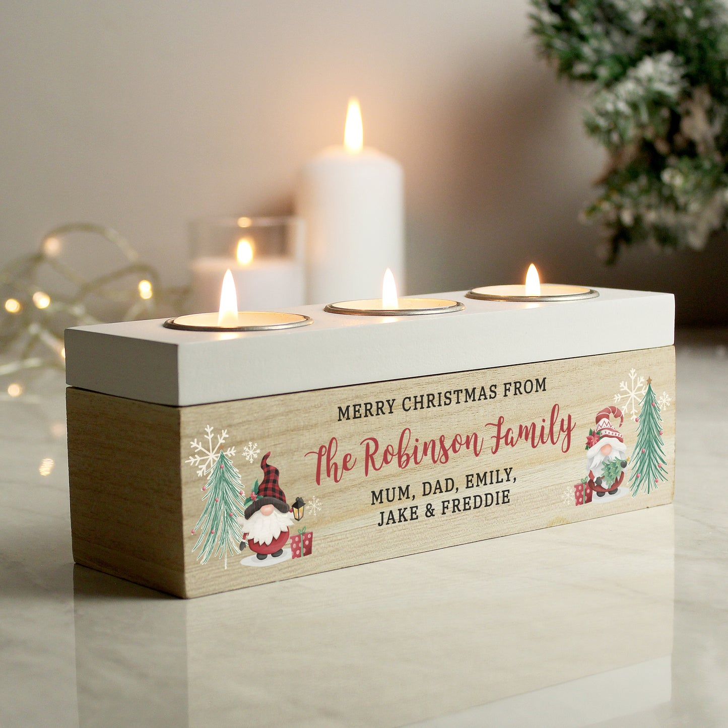 Three-slot Christmas tealight holder with festive artwork and custom message