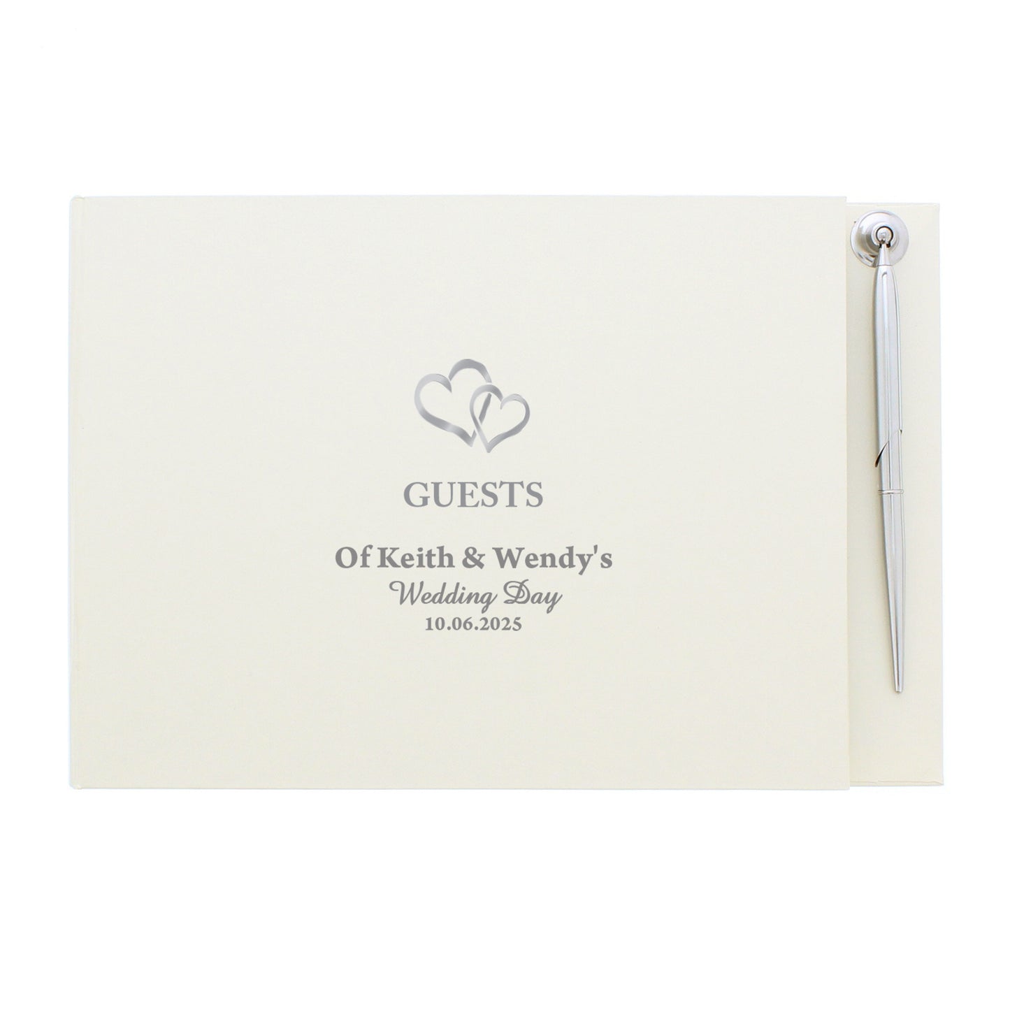 White wedding guest book with pen on a white background