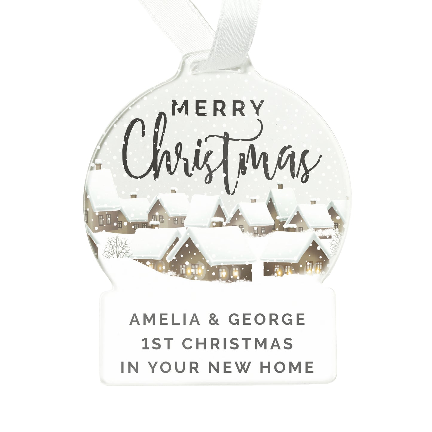 Christmas ornament with 'Merry Christmas' and a snowy village scene, personalized for 'Amelia & George'.