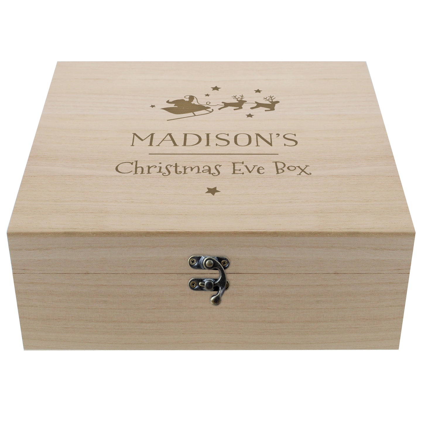 Wooden Christmas Eve box with engraved text and decorative elements on a white background
