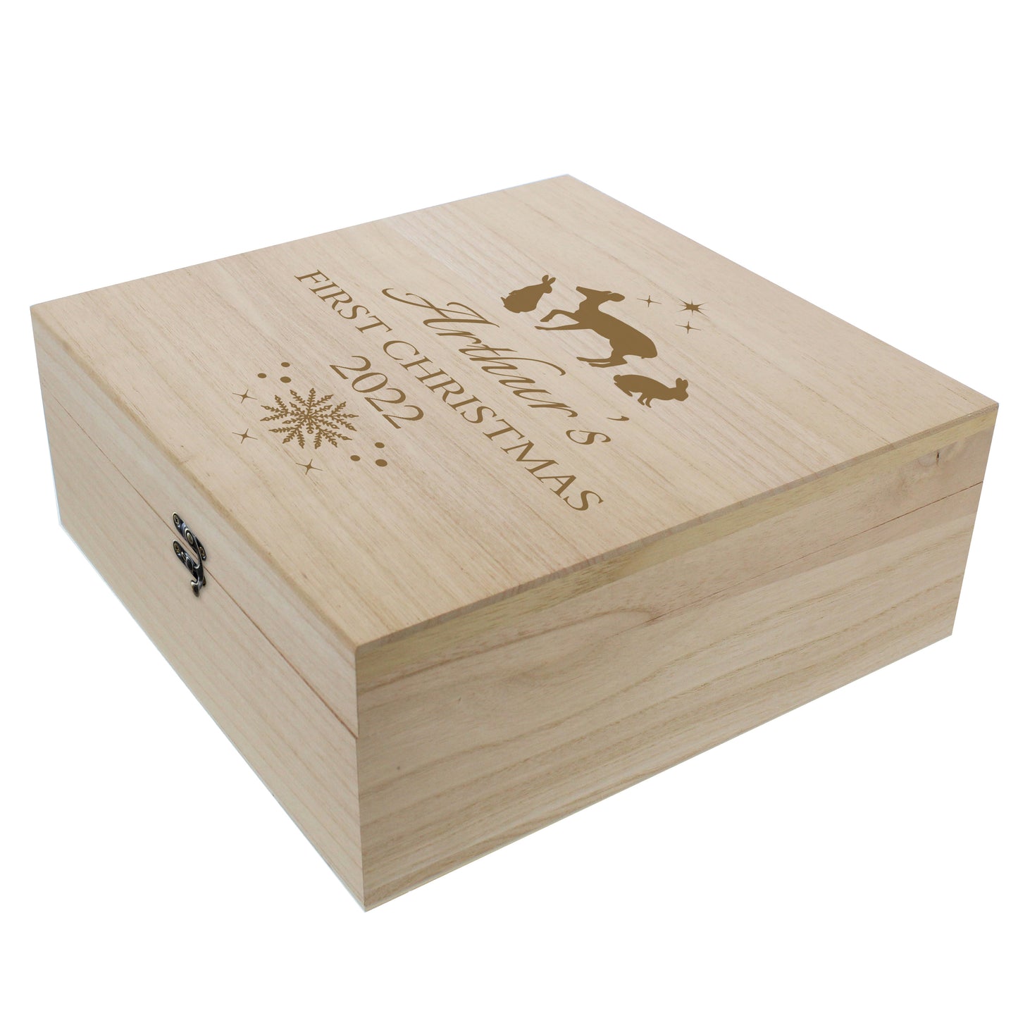 Wooden box with engraved text 'Arthur's First Christmas 2022' on a white background