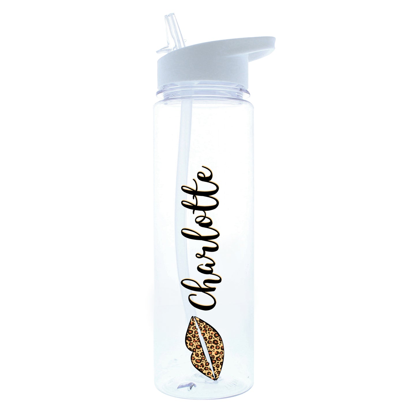 Clear water bottle with 'Charlotte' and leopard print design on a white background