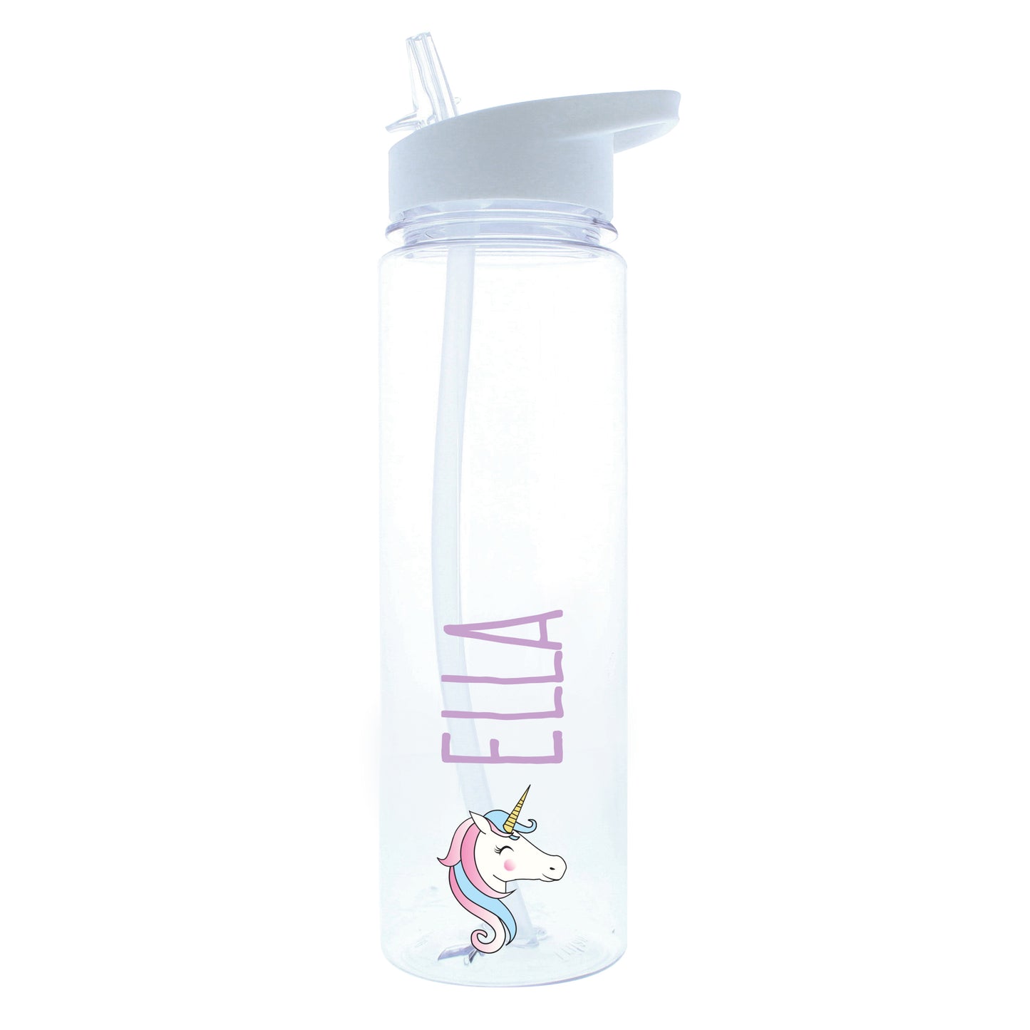 Clear water bottle with unicorn design and 'ELLA' text on a white background
