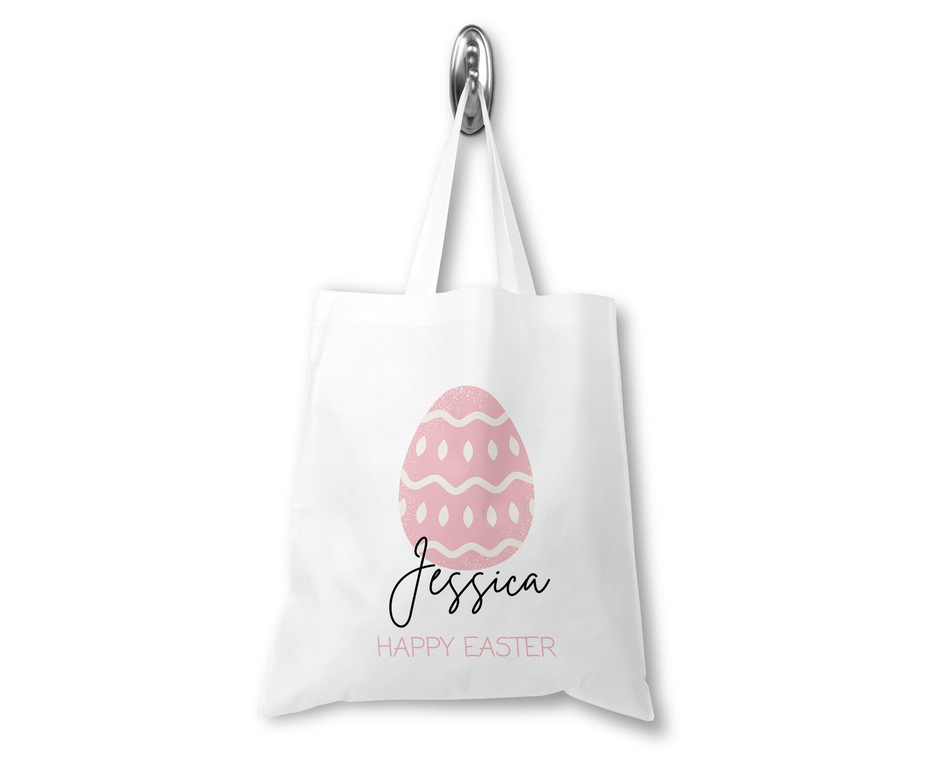 Unique personalised Easter tote bag featuring a pink patterned egg and the name “Jessica” beneath – a charming gift idea for children, ideal for Easter egg hunts and celebrations.