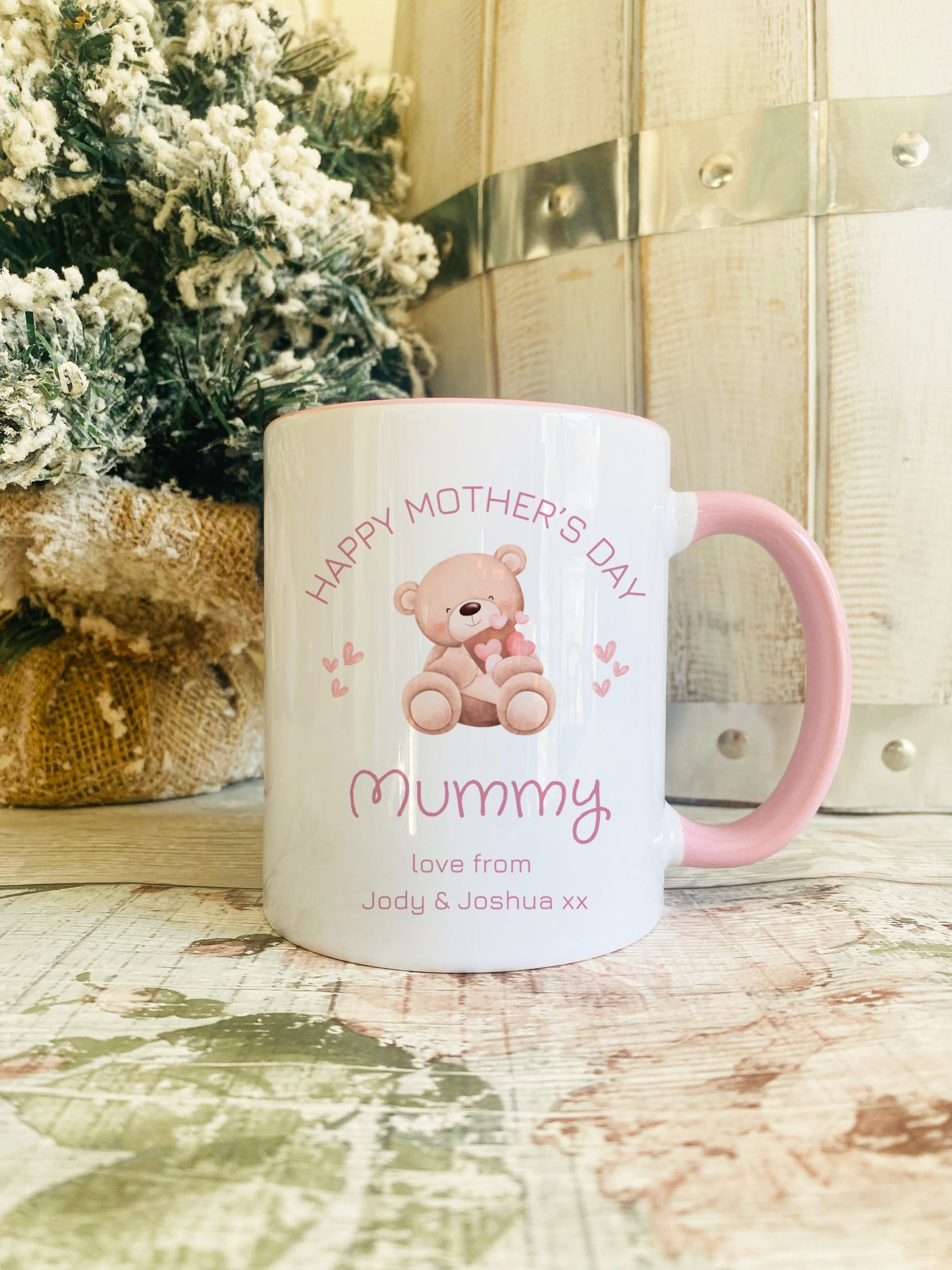 Personalised Mother’s Day mug with pink handle, featuring cute teddy bear illustration, 'Happy Mother’s Day Mummy' text, and custom message from children