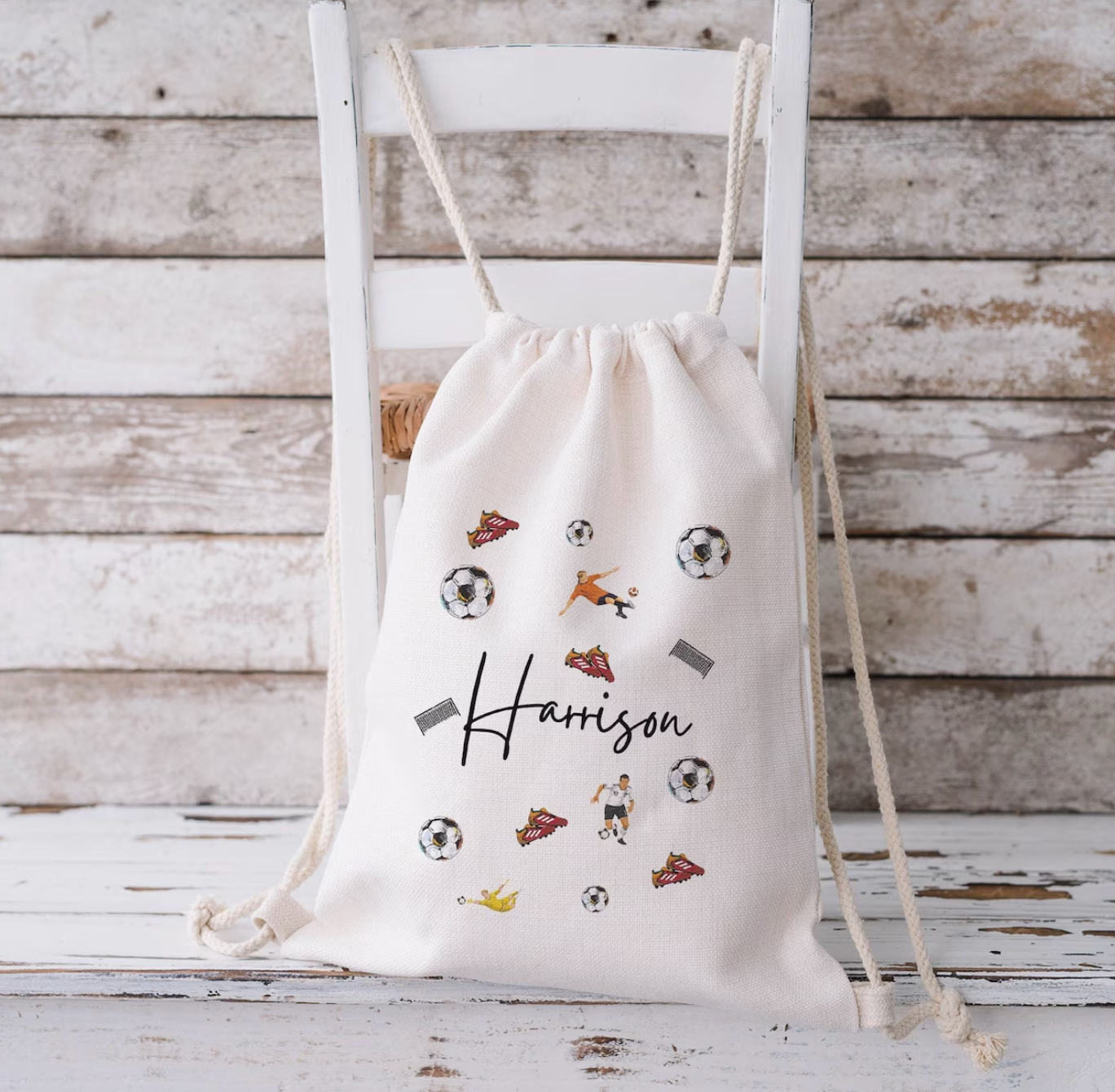 Personalised football drawstring bag for boys – custom name school PE kit bag with football player and soccer design – Harrison sports gym sack for kids