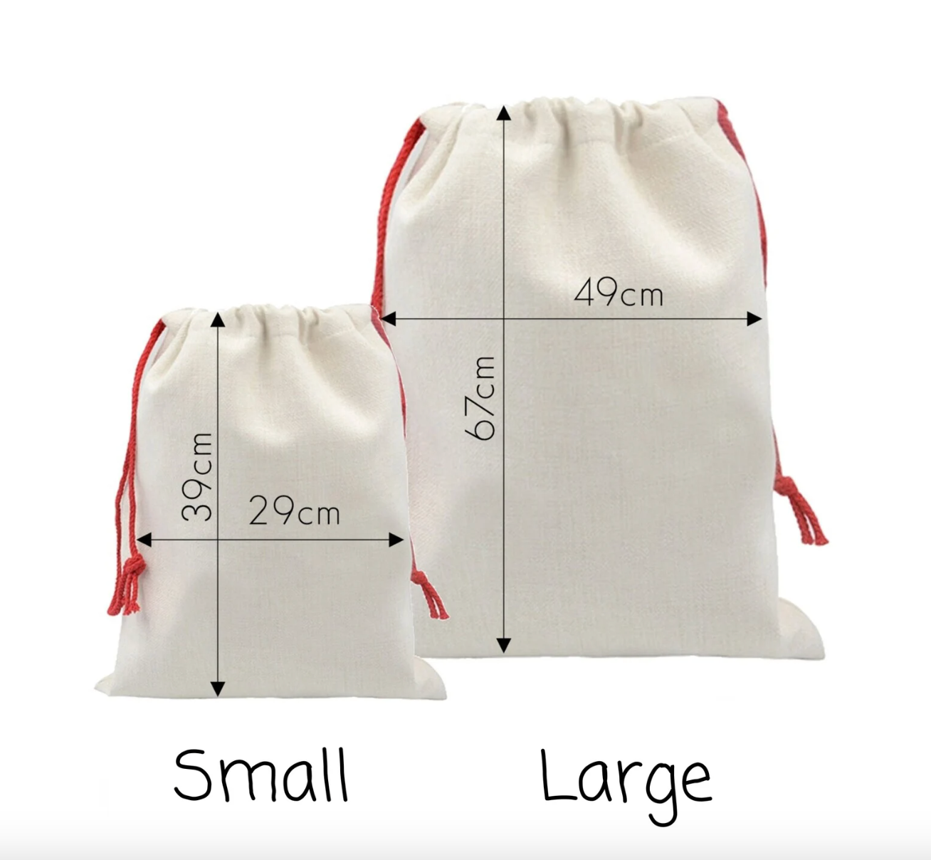 Two drawstring bags, one small and one large, with measurements indicated on a white background.