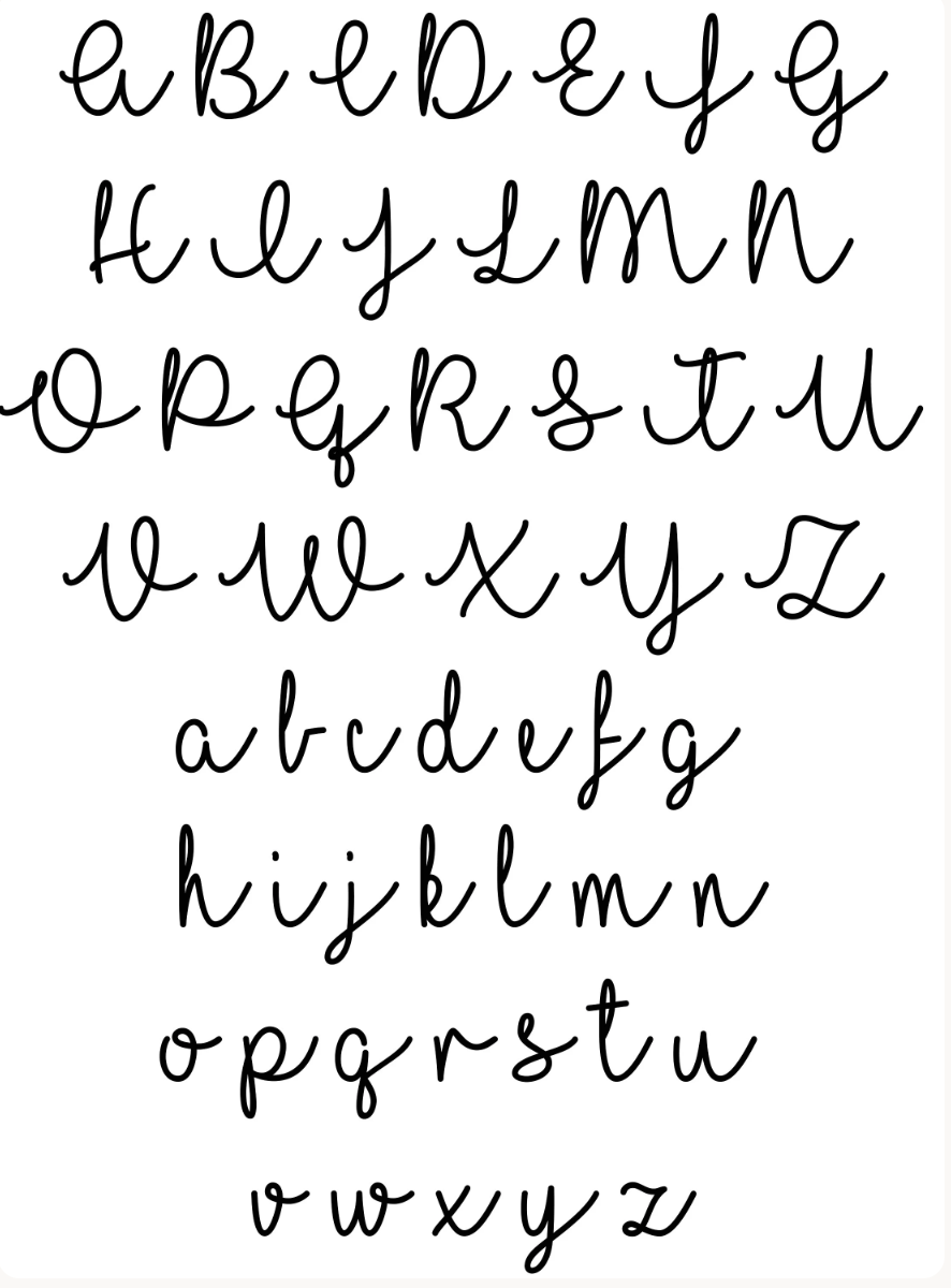 Black cursive alphabet letters from A to Z, shown in both uppercase and lowercase rows on a plain white background.