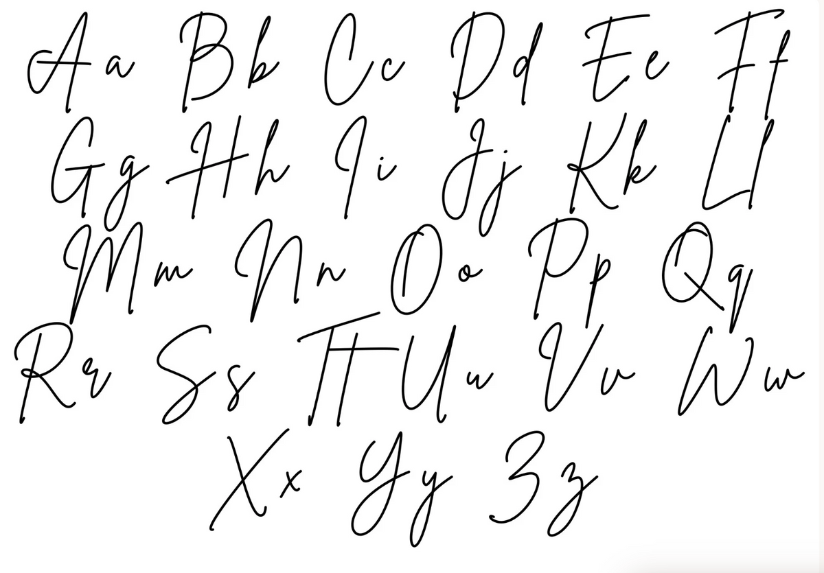 A sheet of black handwritten cursive alphabet letters from A to Z on a plain white background.