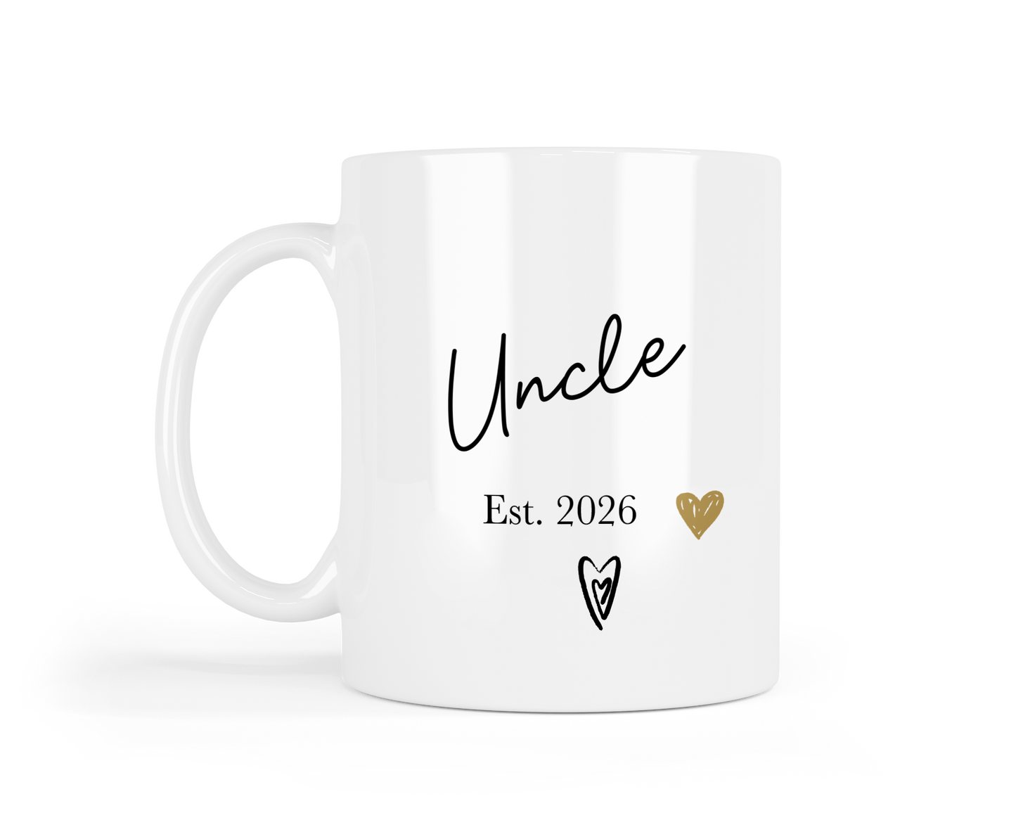 White personalised mug with 'Uncle Est. 2026' text and heart designs on a white background