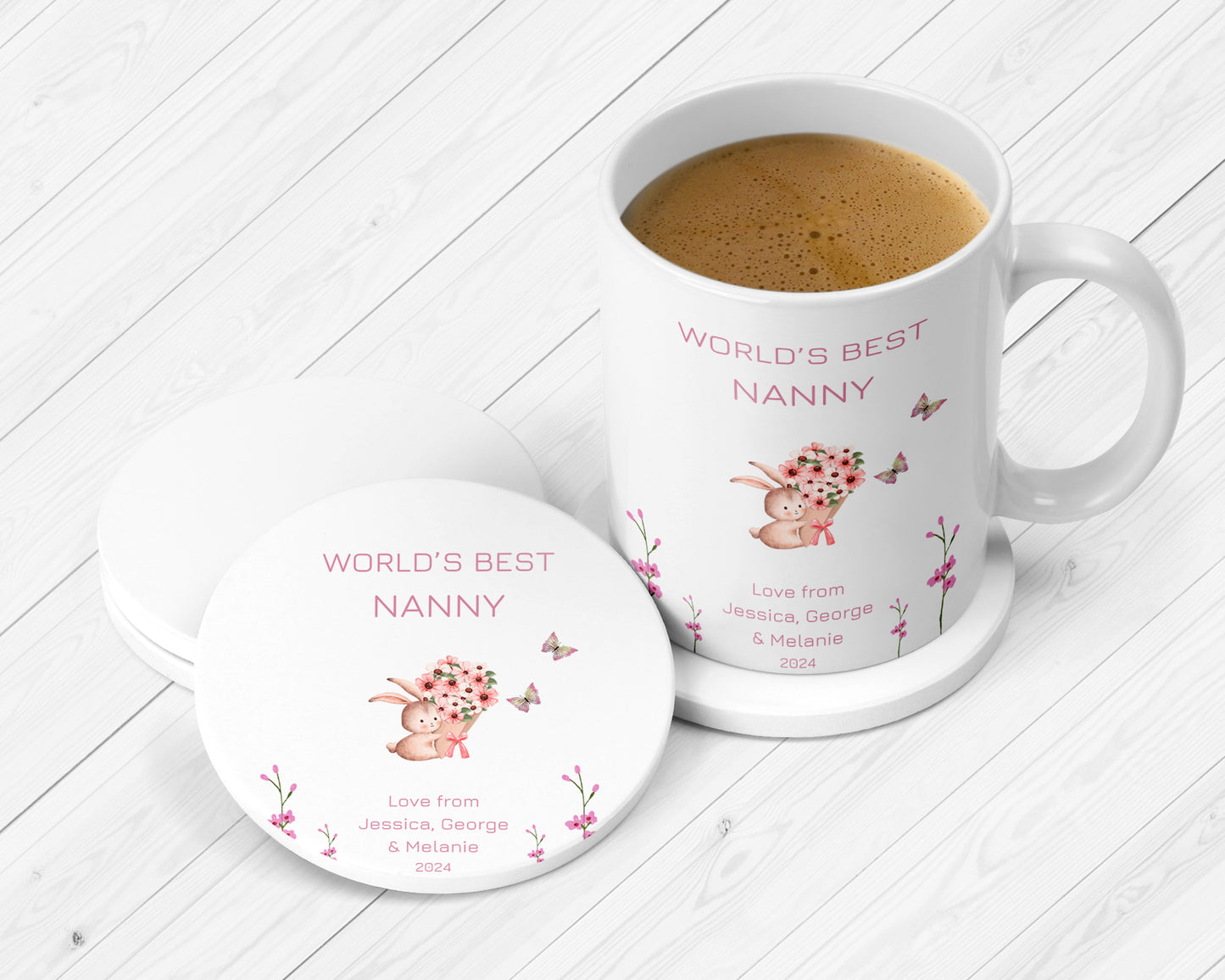 Custom “World’s Best Grandma” ceramic mug and coaster set with adorable bunny and floral illustration, personalised with children’s names and 2024 date. Ideal Mother’s Day gift for nanny or grandma from grandchildren.