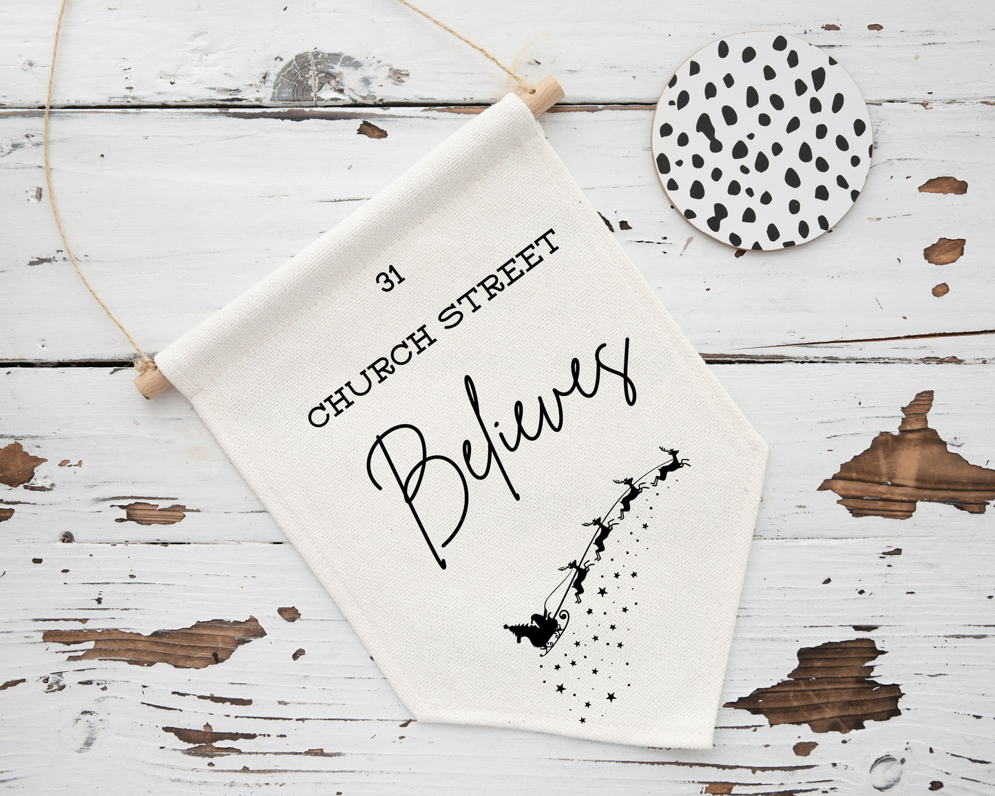 Unique personalised Christmas wall flag – "31 Church Street Believes" festive banner with Santa sleigh design – custom holiday gift decoration