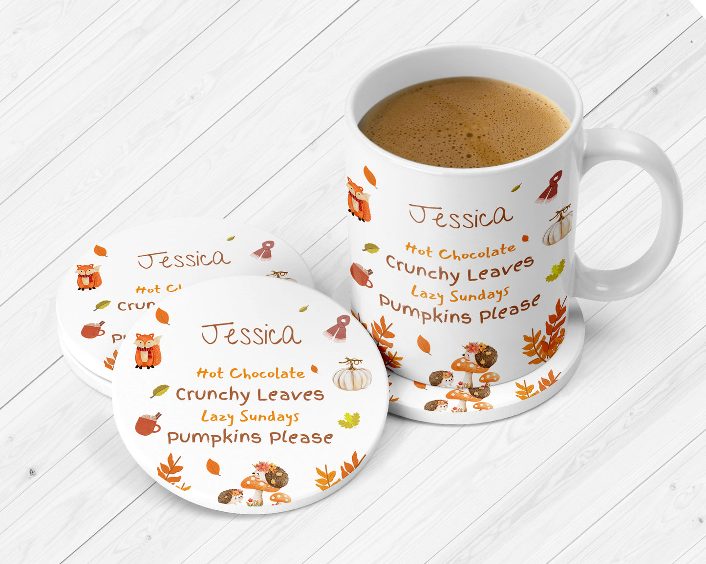 Personalised autumn mug and coaster set with name, cosy fall design with fox, pumpkins, crunchy leaves, and hot chocolate theme, custom gift for autumn lovers