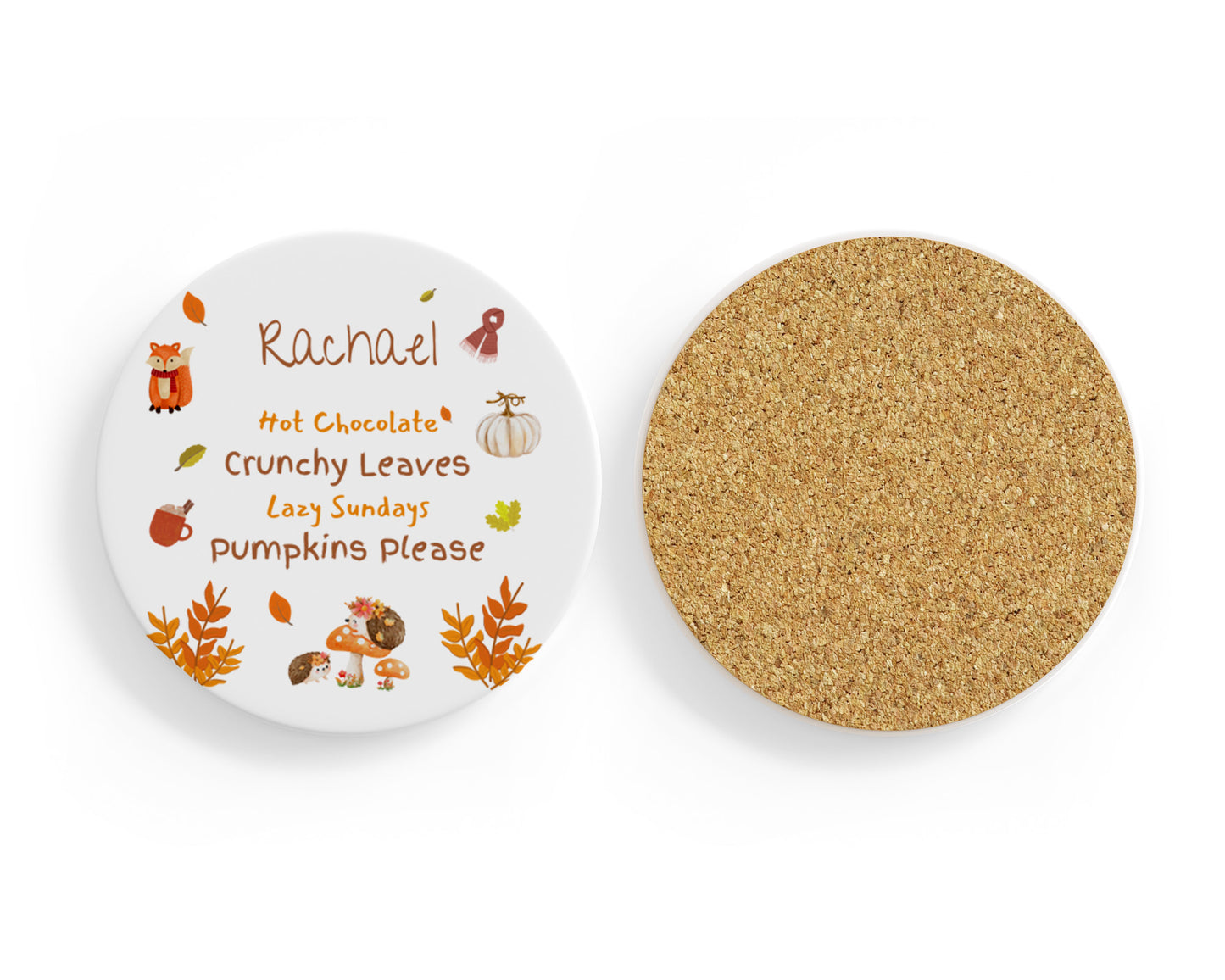 Round white coaster with autumn-themed text and designs on one side, cork back on the other, on a white background.