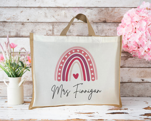 Personalised teacher jute bag with pink rainbow and heart design – custom tote with Mrs Finnigan name, eco-friendly gift for teachers or teaching assistants