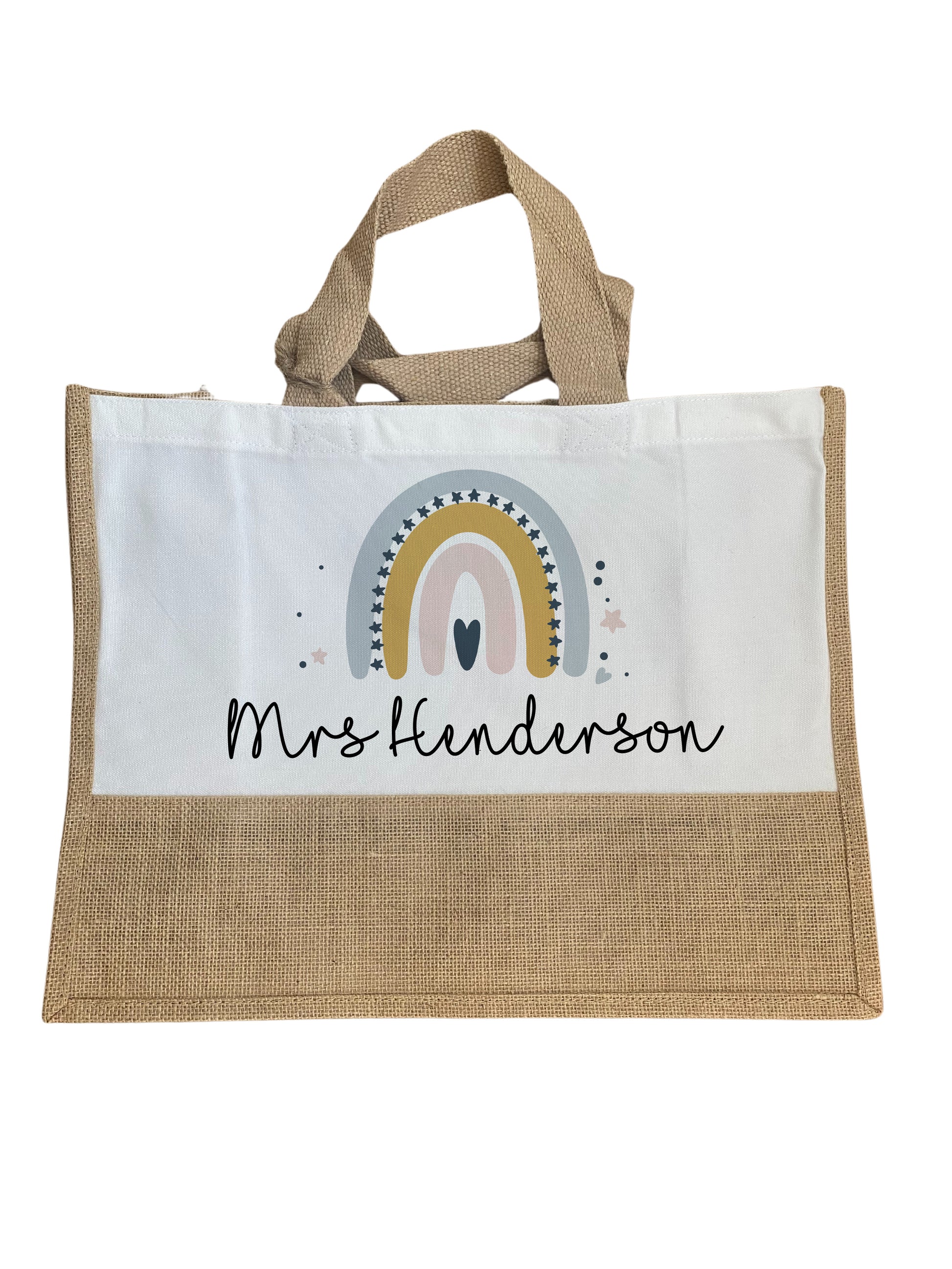 Personalised jute teacher tote bag with rainbow design and 'Mrs Henderson' text – eco-friendly canvas and hessian bag, perfect teacher gift