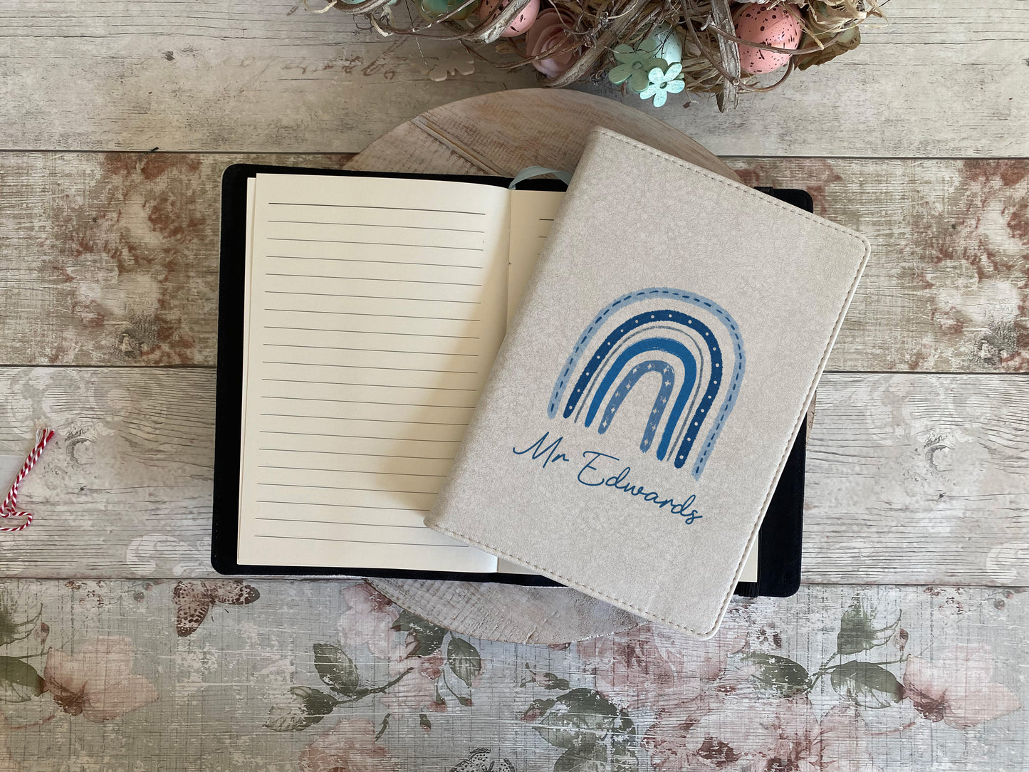 Personalised teacher notebook with blue rainbow design – custom name journal for Mr Edwards, ideal teacher gift or back to school stationery