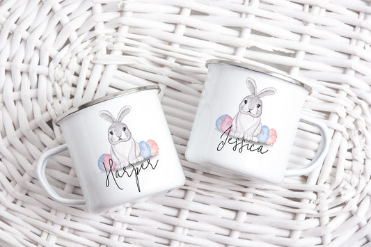 Unique personalised Easter bunny enamel mugs featuring custom names “Harper” and “Jessica” – adorable gift idea for children, perfect for springtime treats and Easter celebrations.