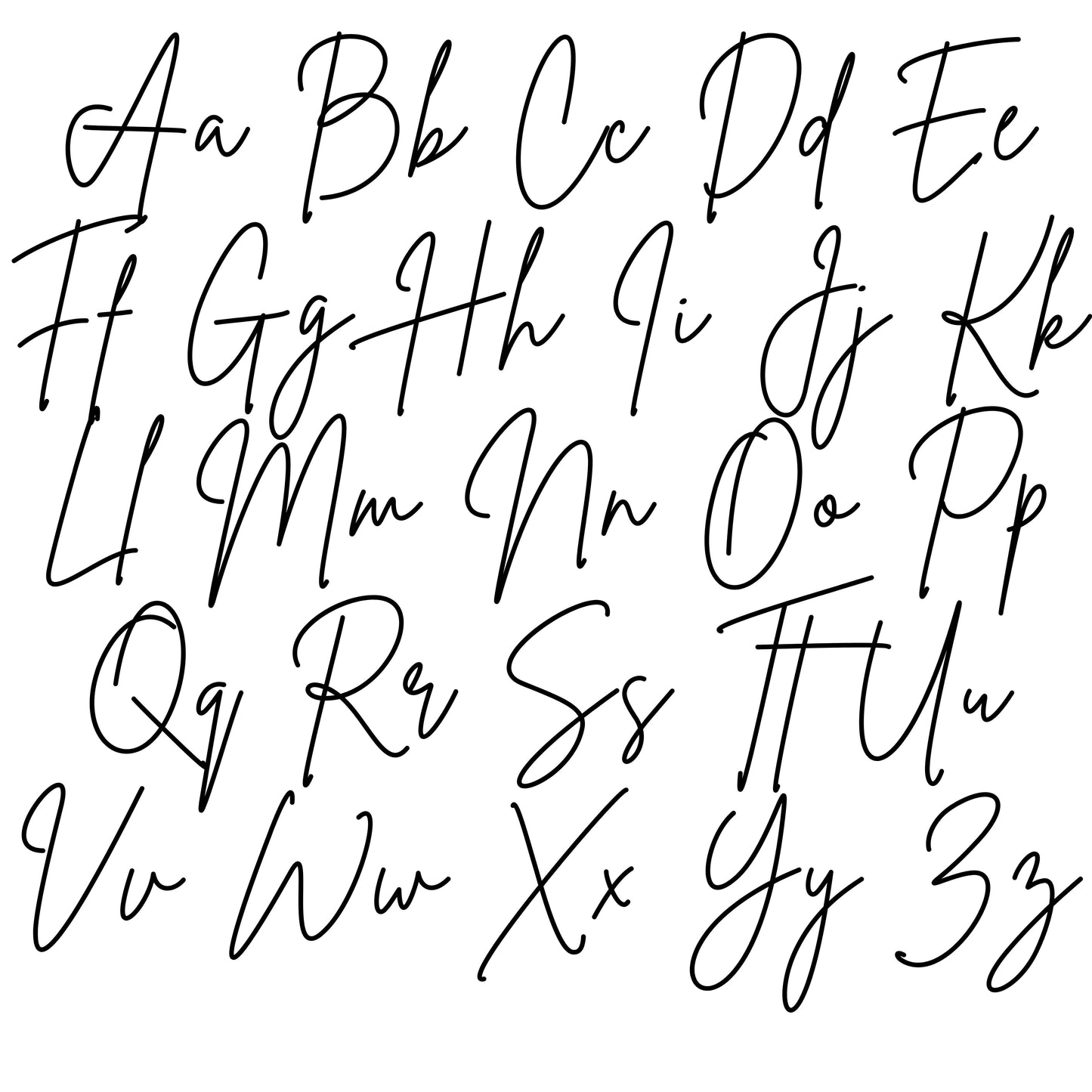 Handwritten script alphabet in black ink showing uppercase and lowercase letters A to Z, used for personalised Christmas products, mugs, sacks and signs